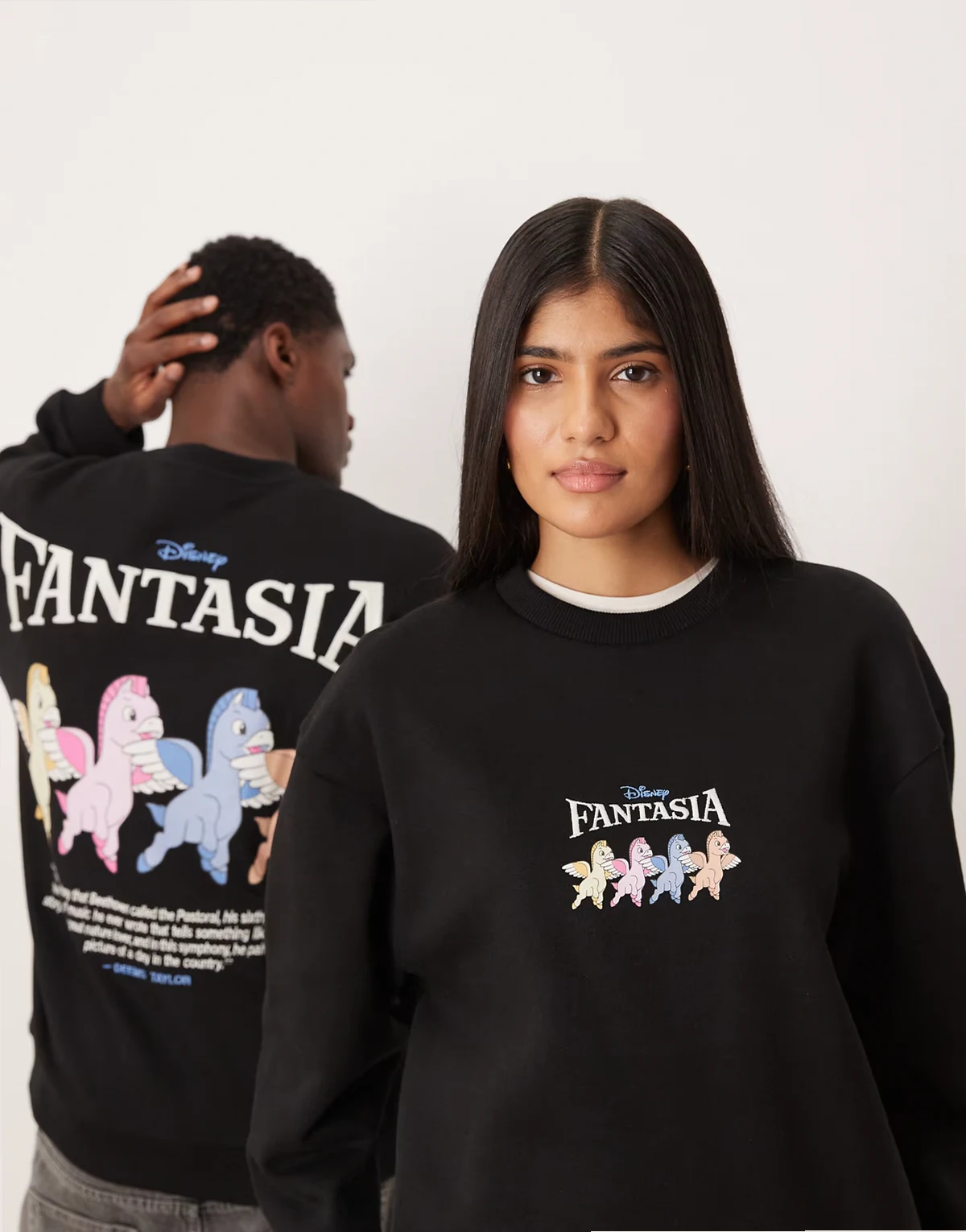 – Disney Fantasia – Locker geschnittenes Unisex-Sweatshirt mit plastischem Einhorn-Print in Schwarz