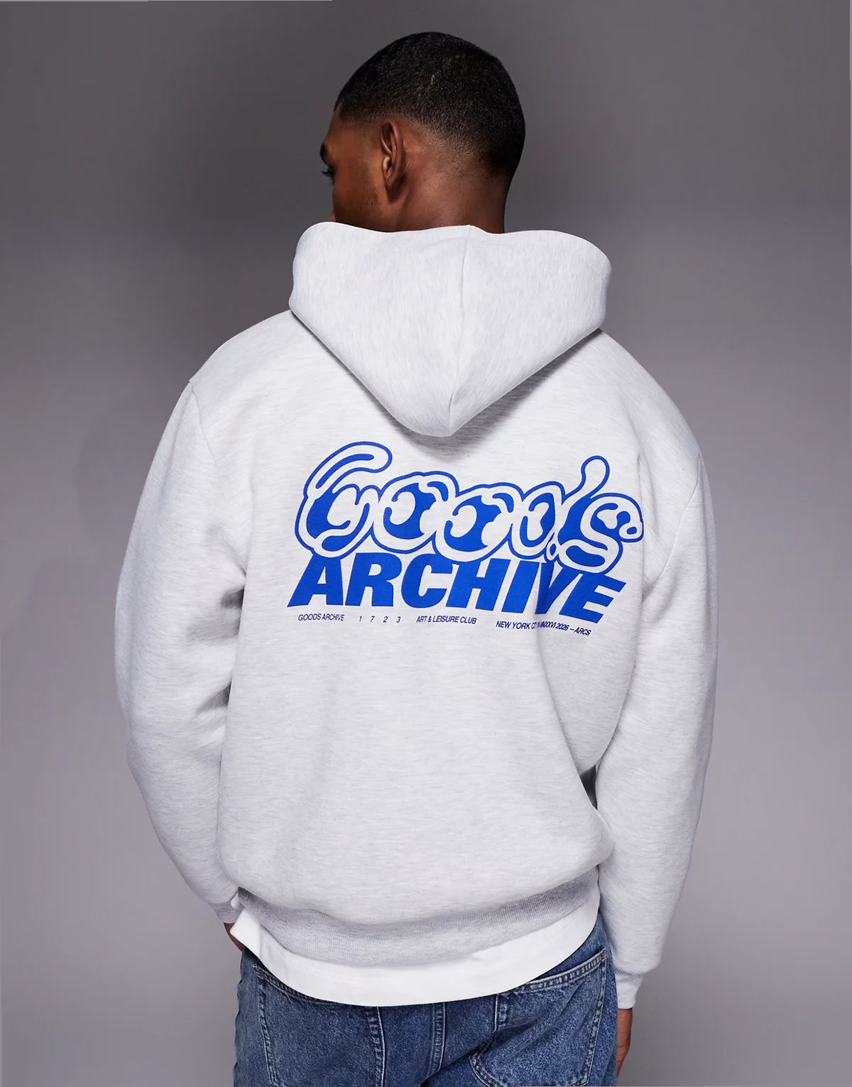 – Schwerer Relaxed-Fit-Kapuzenpullover aus Material in Neoprenoptik in Grau meliert mit Print