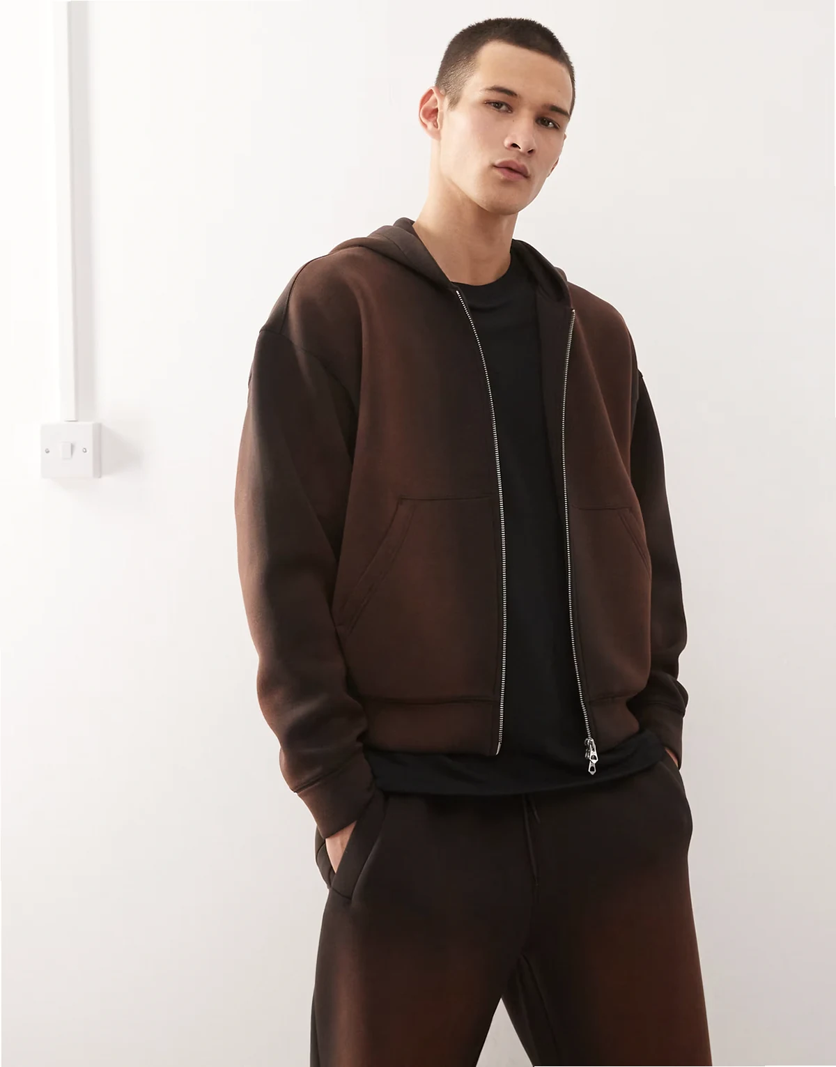 zip through hoodie in scuba-style fabric in brown wash - part of a set