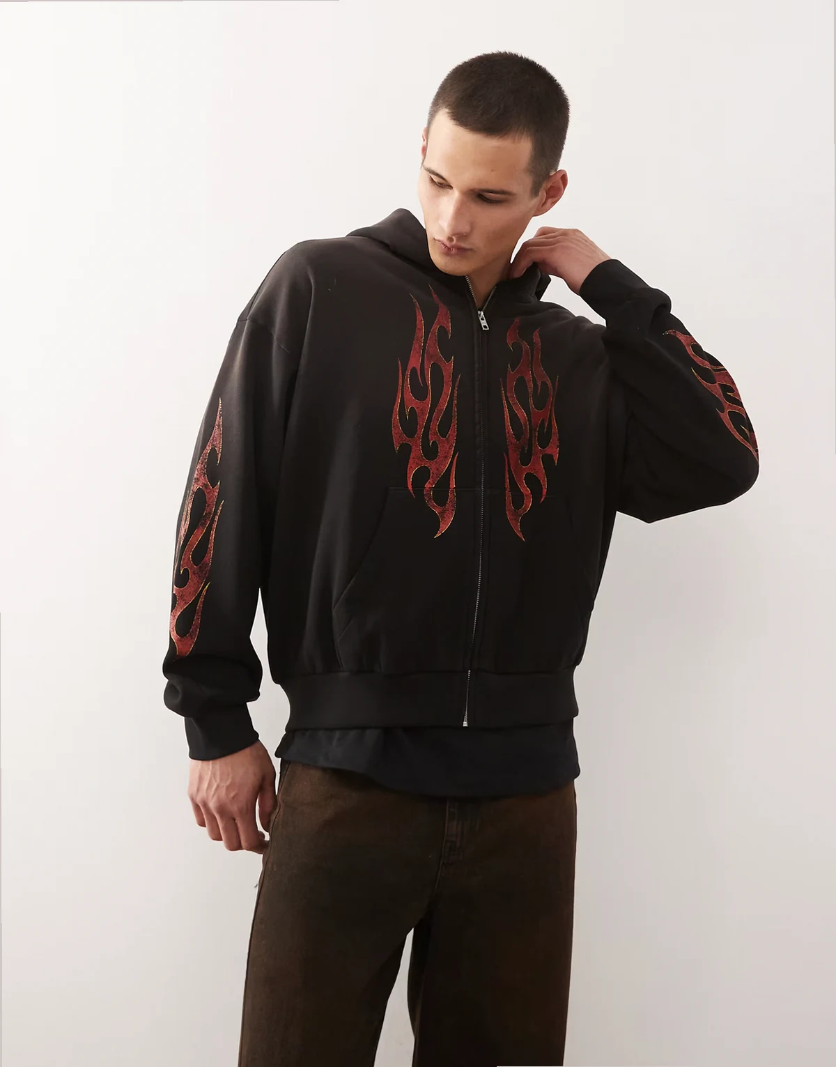 zip through hoodie with flame graphic in washed black
