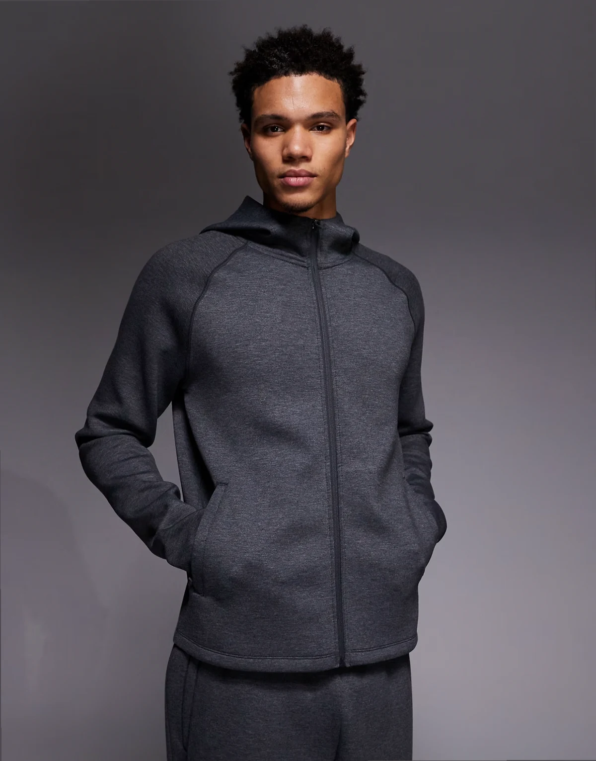 scuba-style fabric zip-up hoodie with zip pockets in charcoal heather