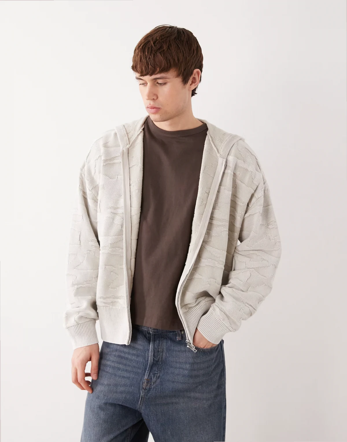 boxy textured jacquard hoodie in beige