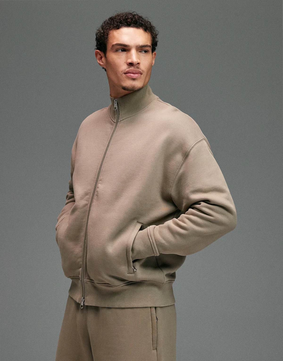 Rest Day heavyweight 440gsm cotton oversized boxy zip up funnel neck sweatshirt in sandstone