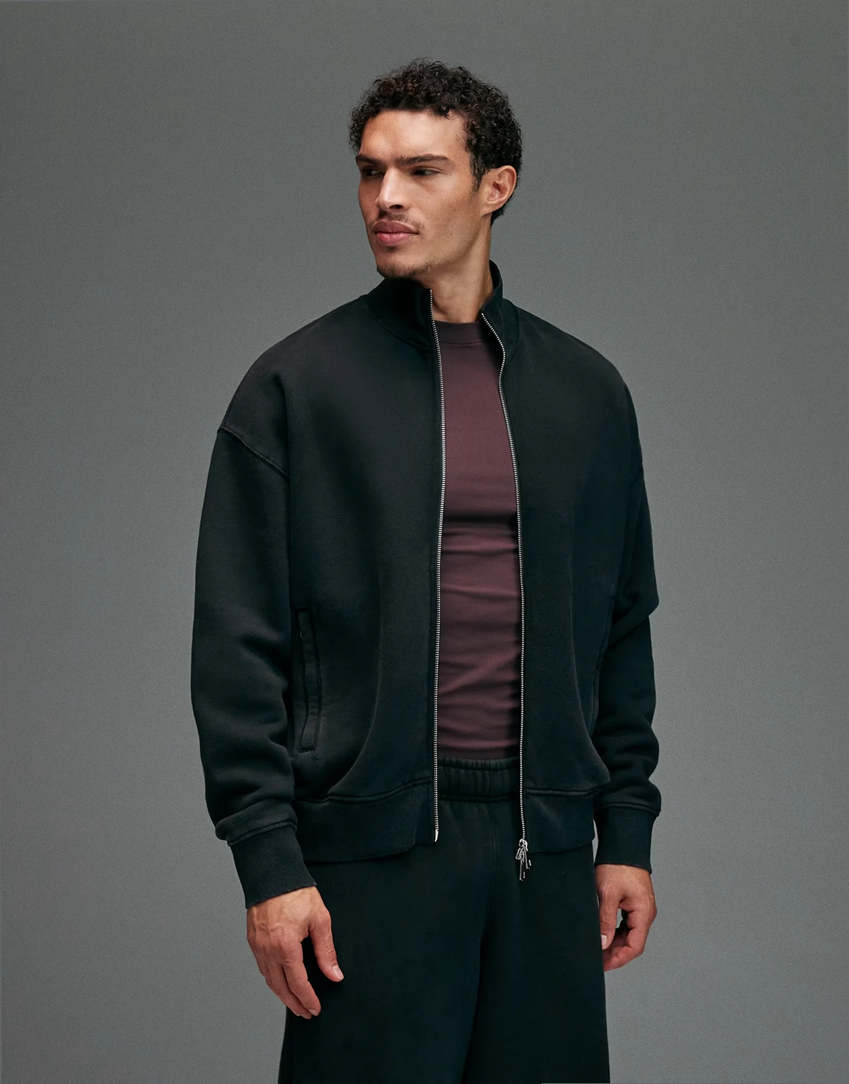 Rest Day heavyweight 440gsm cotton oversized boxy zip-up funnel neck sweatshirt in washed black