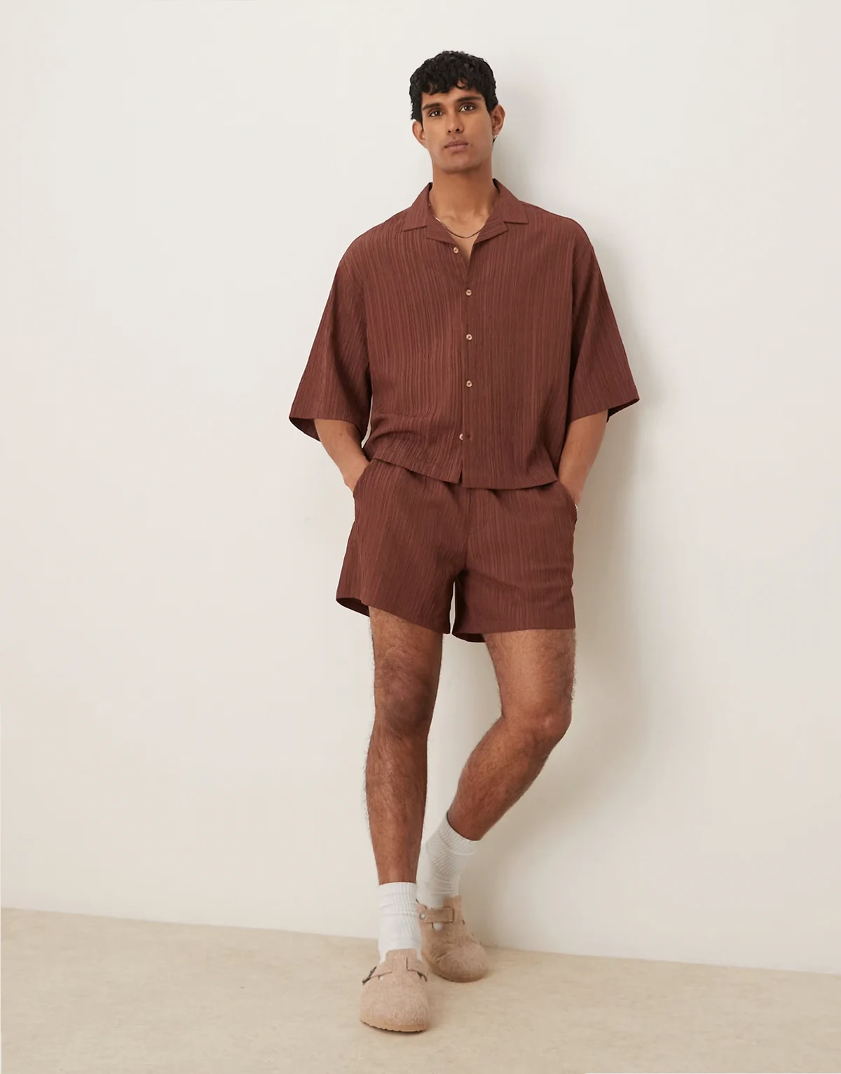 textured shorts in short length in brown - part of a set