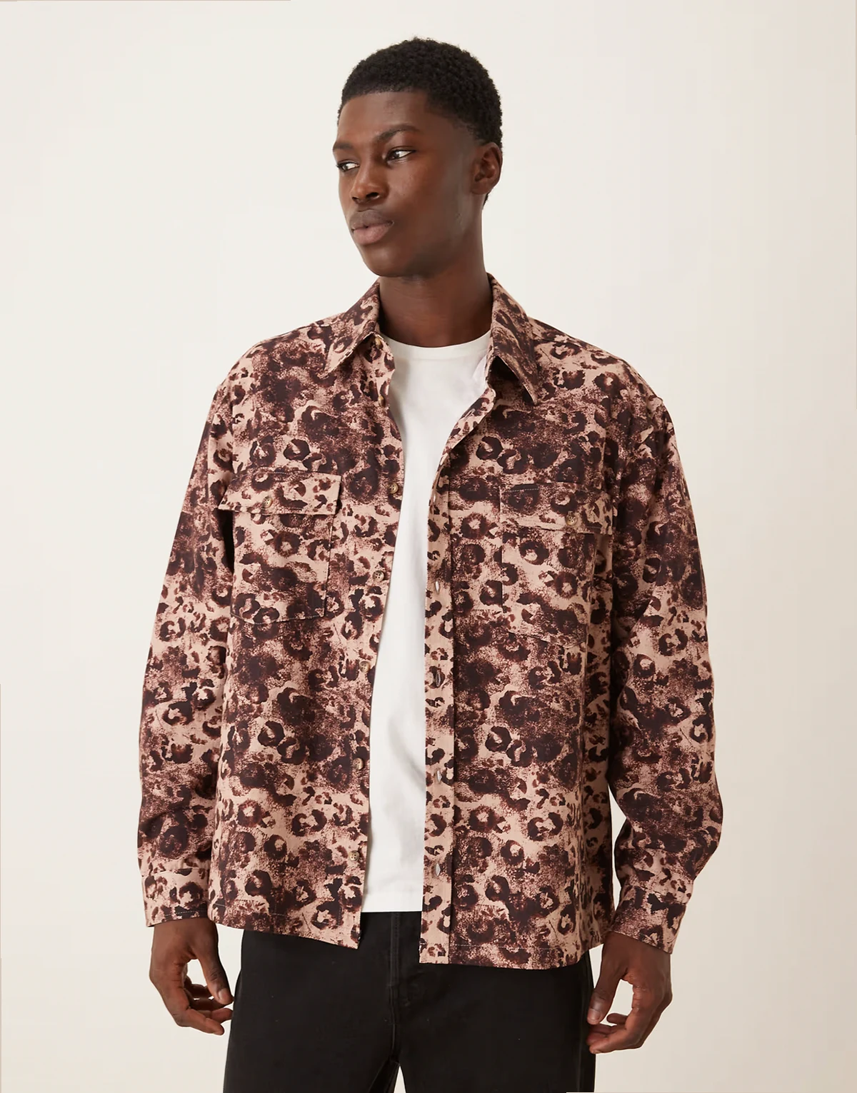 oversized fit leopard printed shirt with pocket detail in heavy twill
