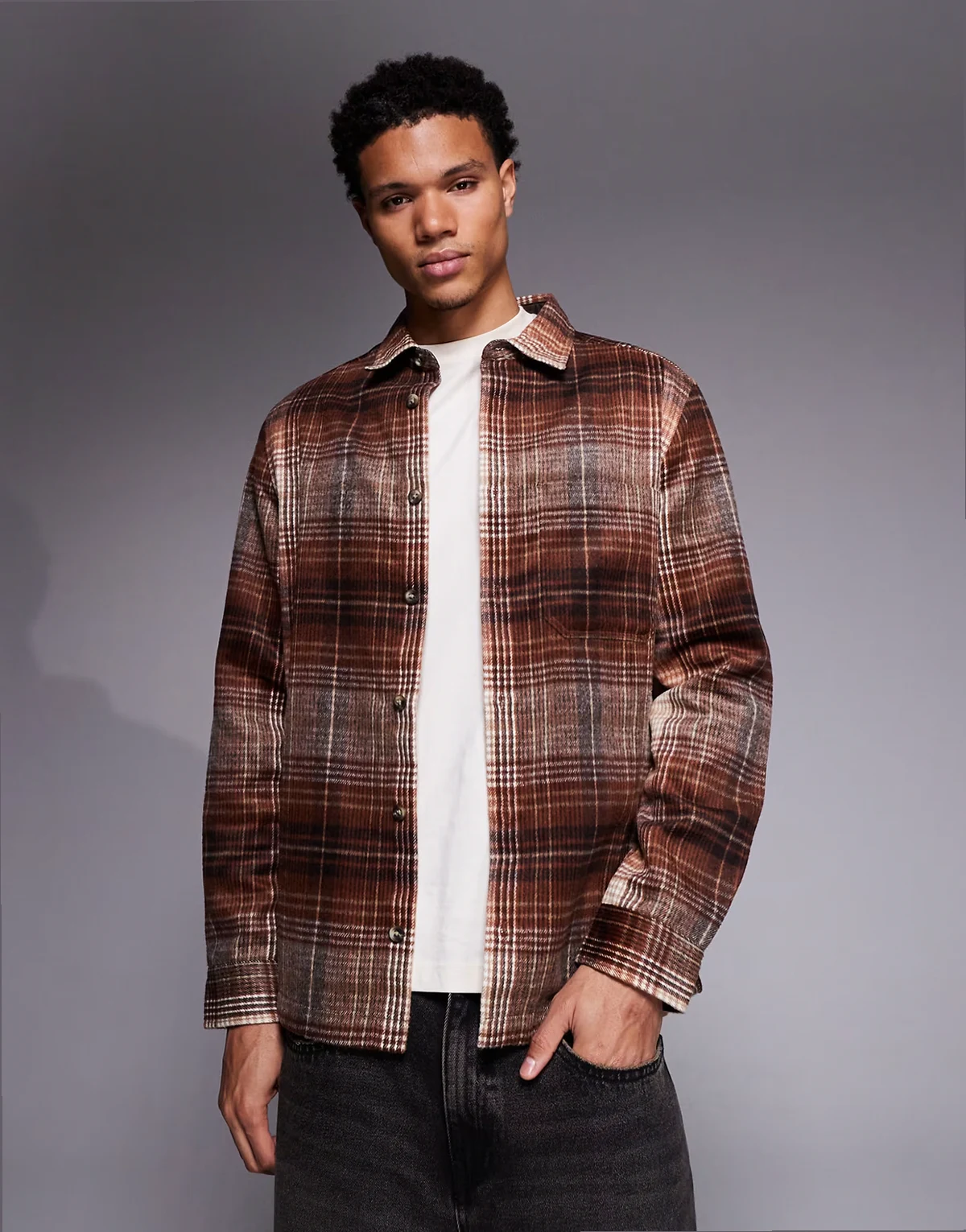 overshirt in brushed brown plaid