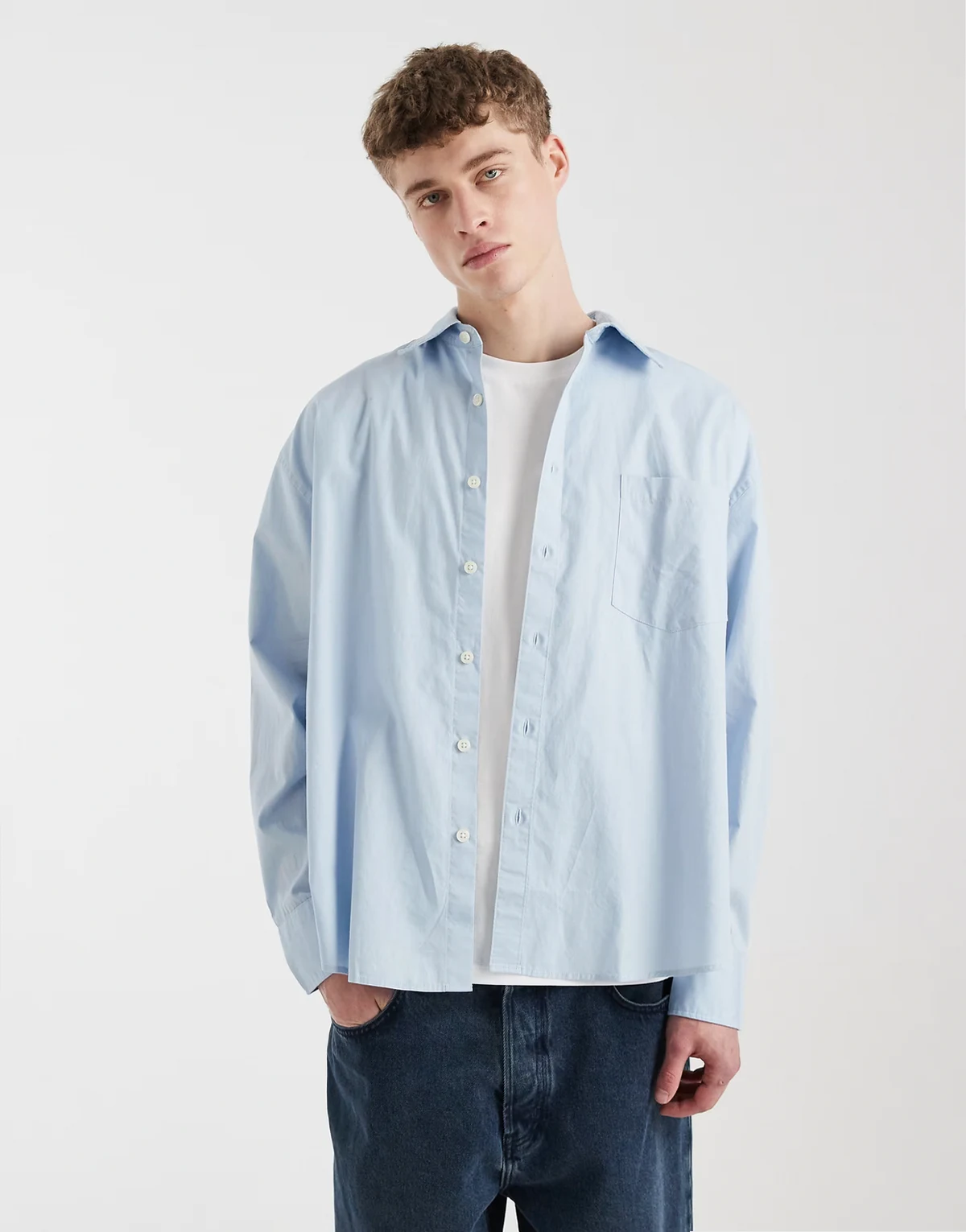 poplin cotton long sleeve shirt in light blue