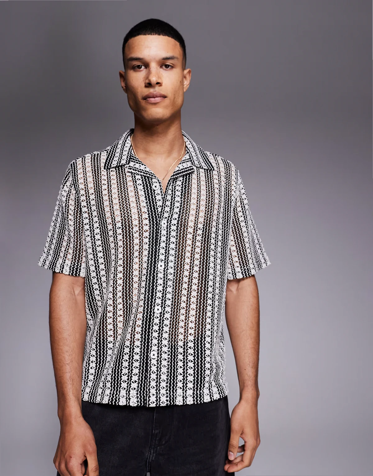 boxy deep revere crochet shirt in black and white stripe