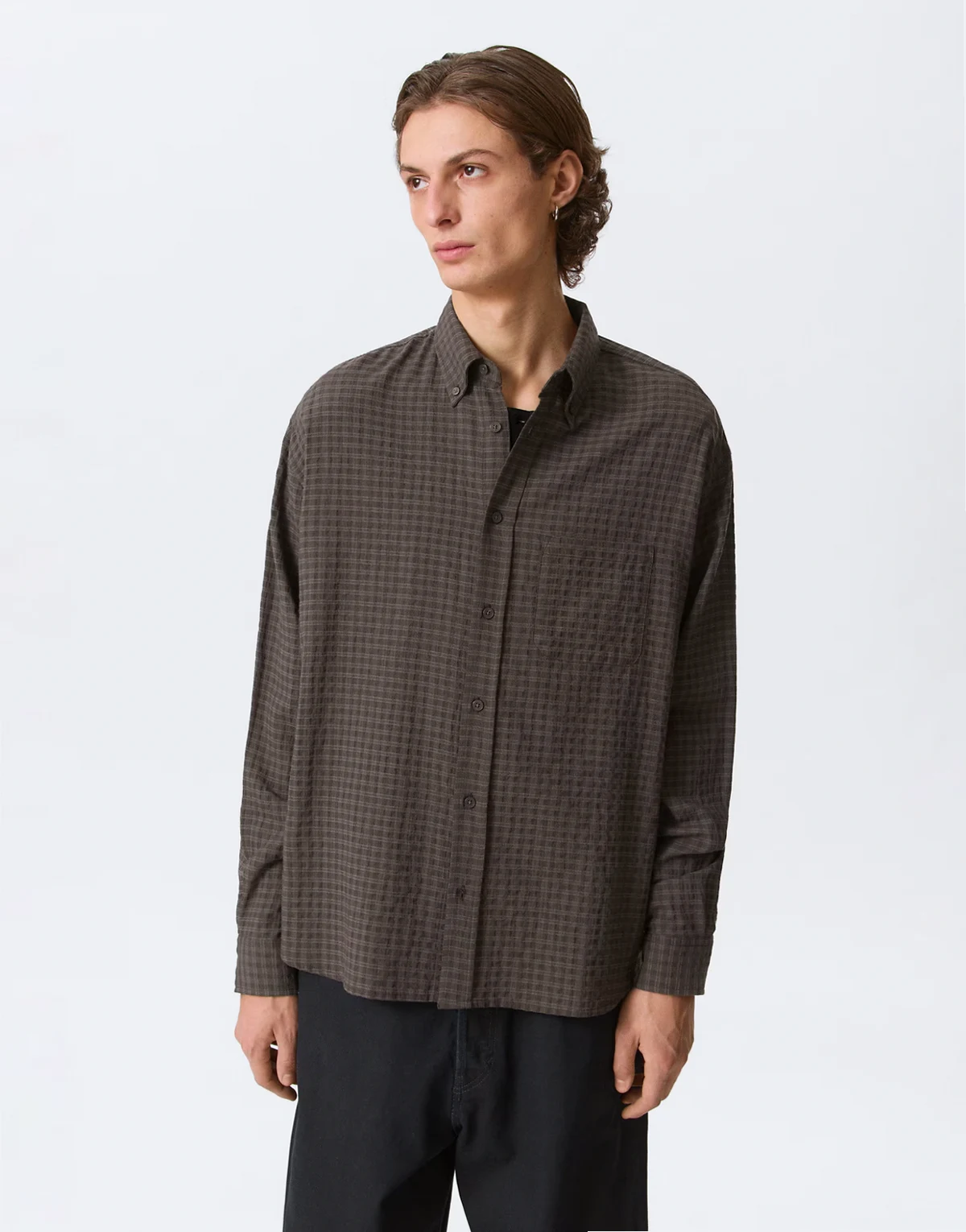long sleeve seersucker loose shirt in brown gingham