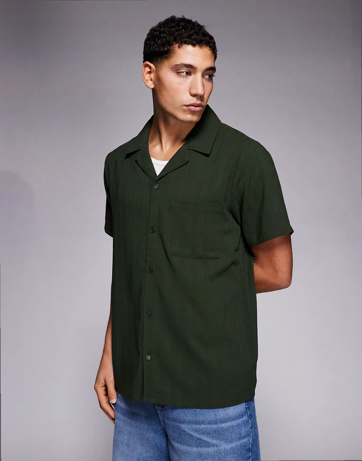 textured camp collar shirt in khaki green
