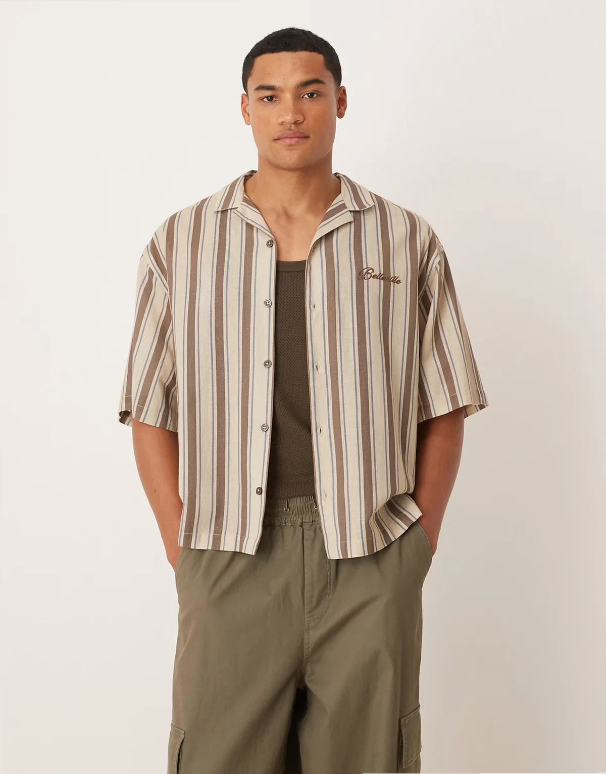 boxy oversized camp collar striped shirt with chest embroidery in brown