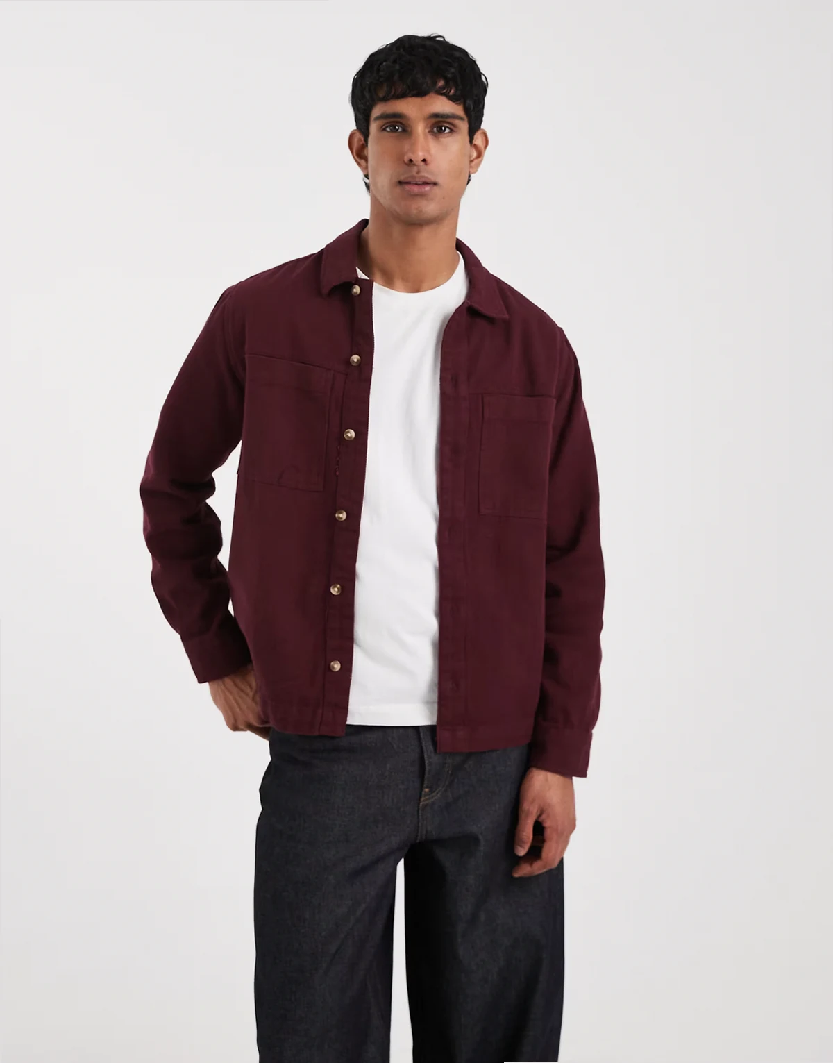 heavyweight cotton twill overshirt in burgundy