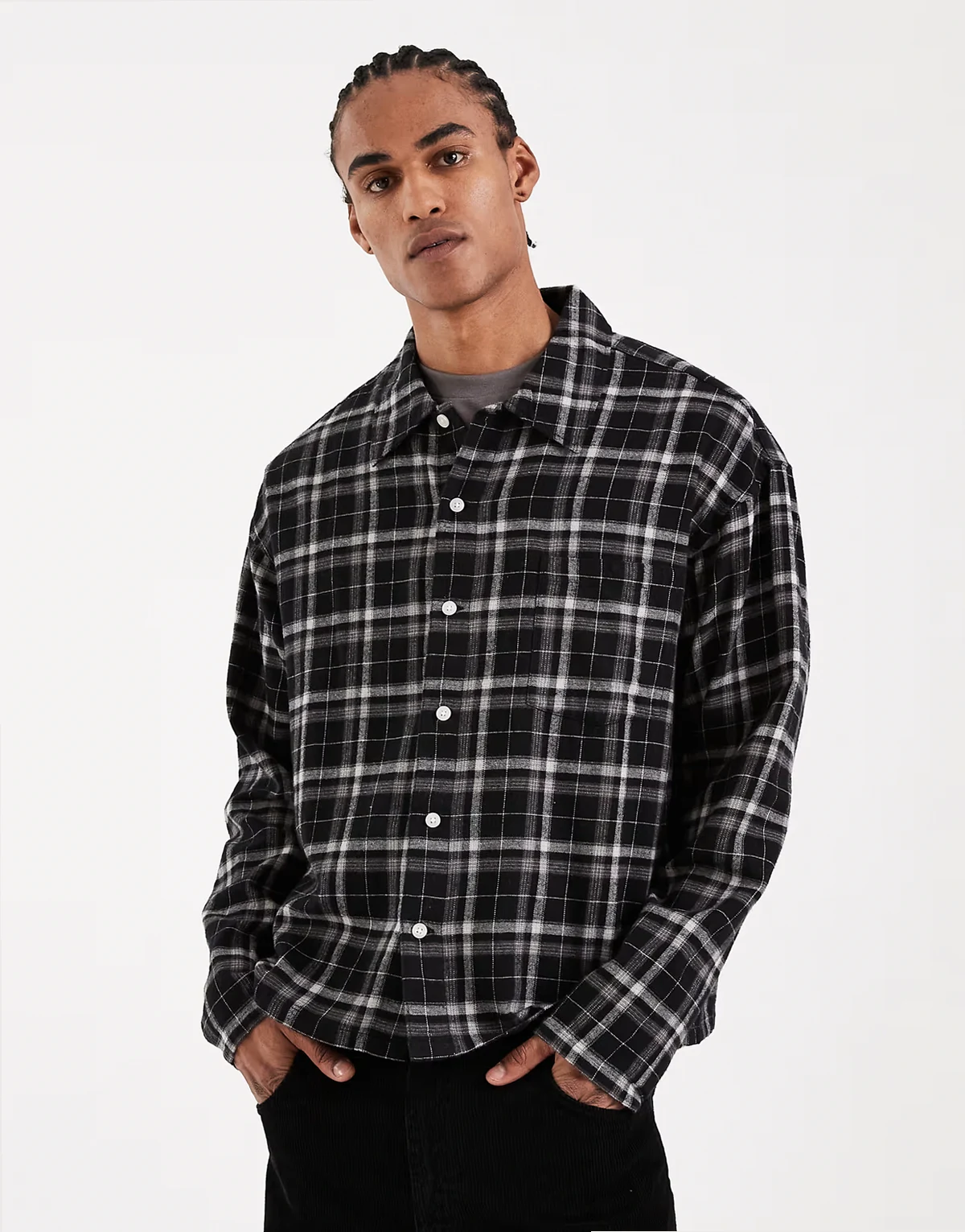 boxy long sleeve shirt in black plaid