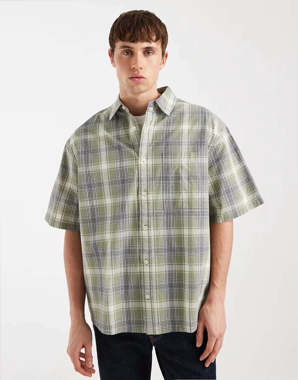 oversized plaid shirt in khaki