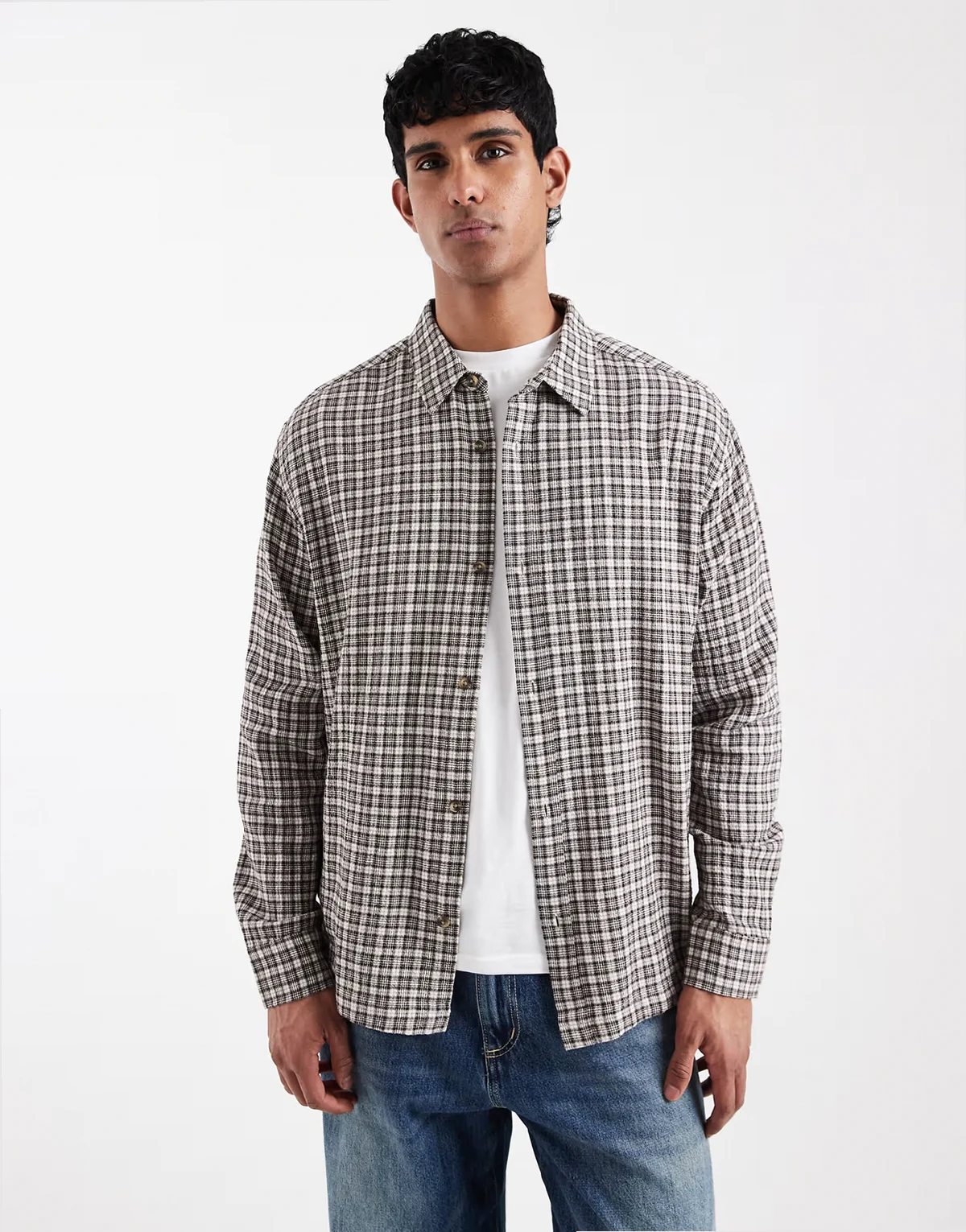 relaxed textured plaid shirt in brown