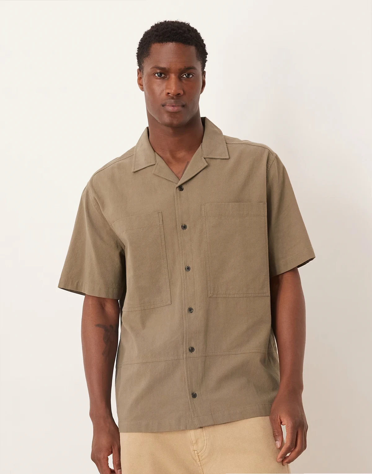 relaxed revere cotton shirt with chest pocket detail in khaki