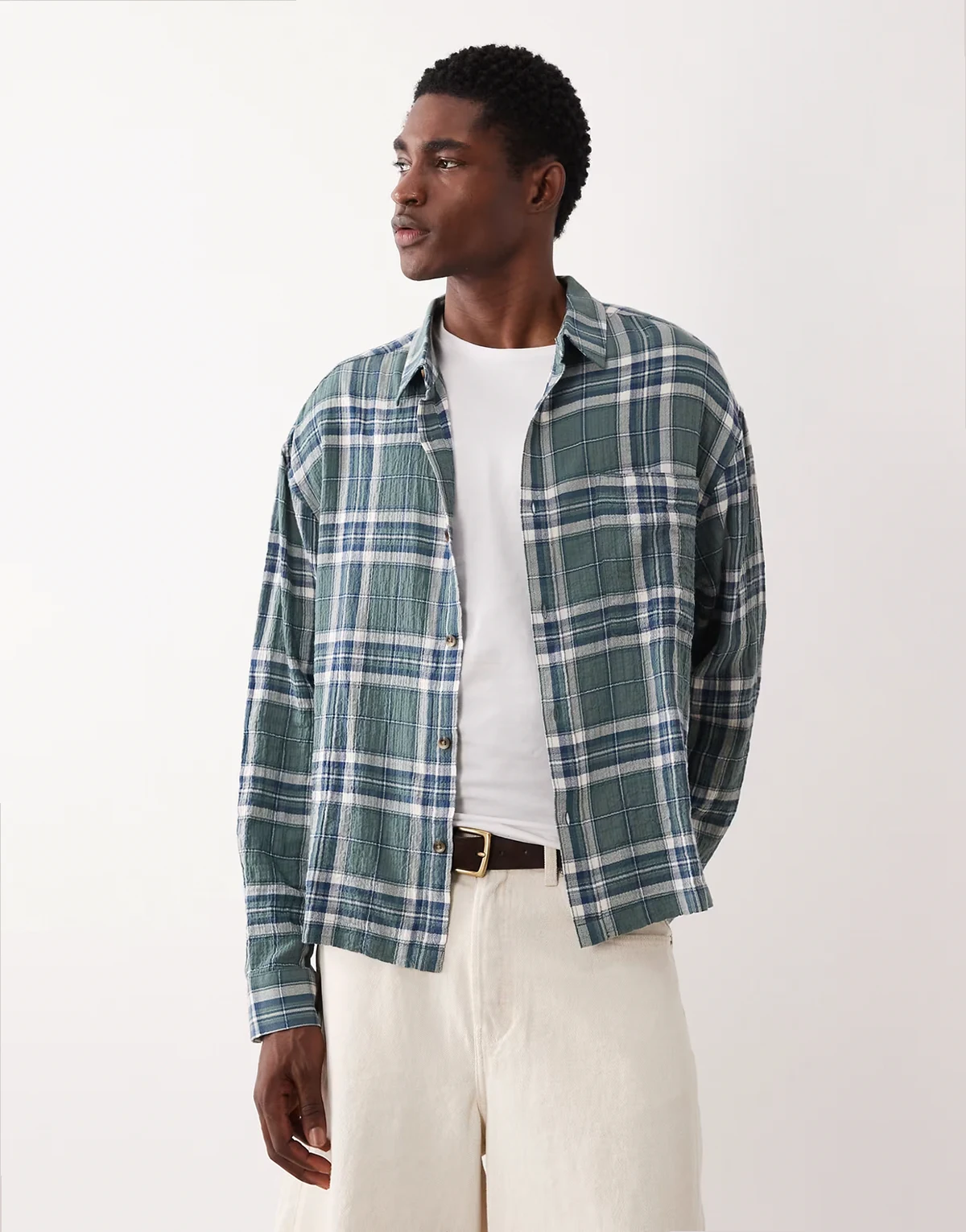 boxy oversized textured plaid shirt in dark green