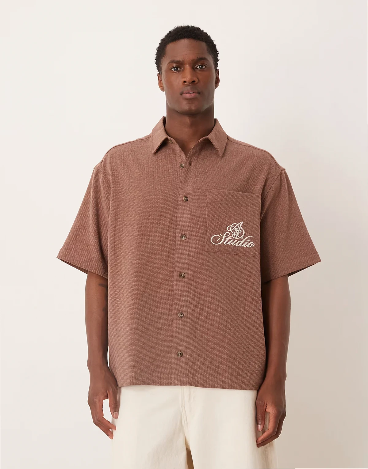 oversized textured shirt with chest embroidery in brown