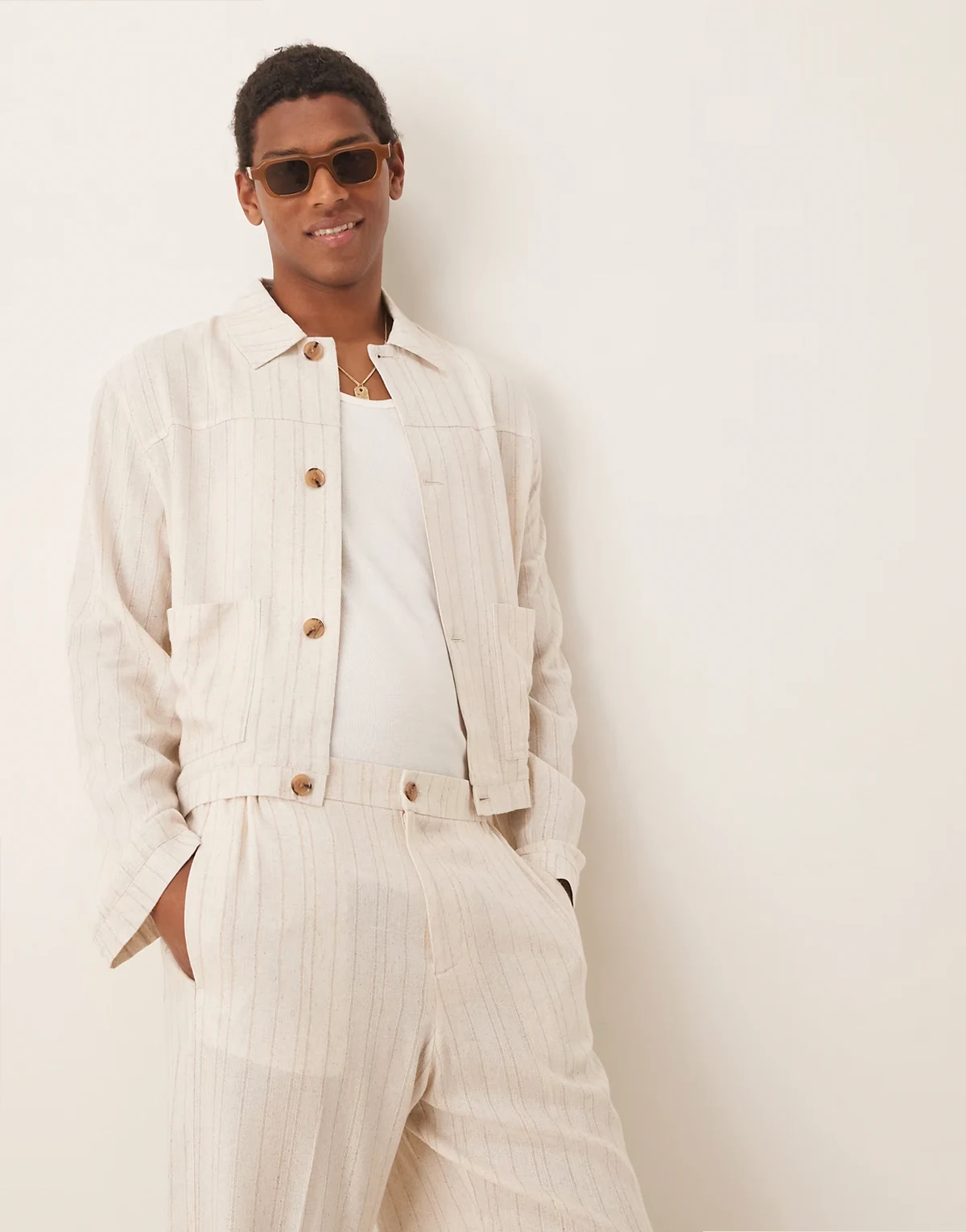 dressy linen mix harrington jacket in stone pinstripes - part of a set