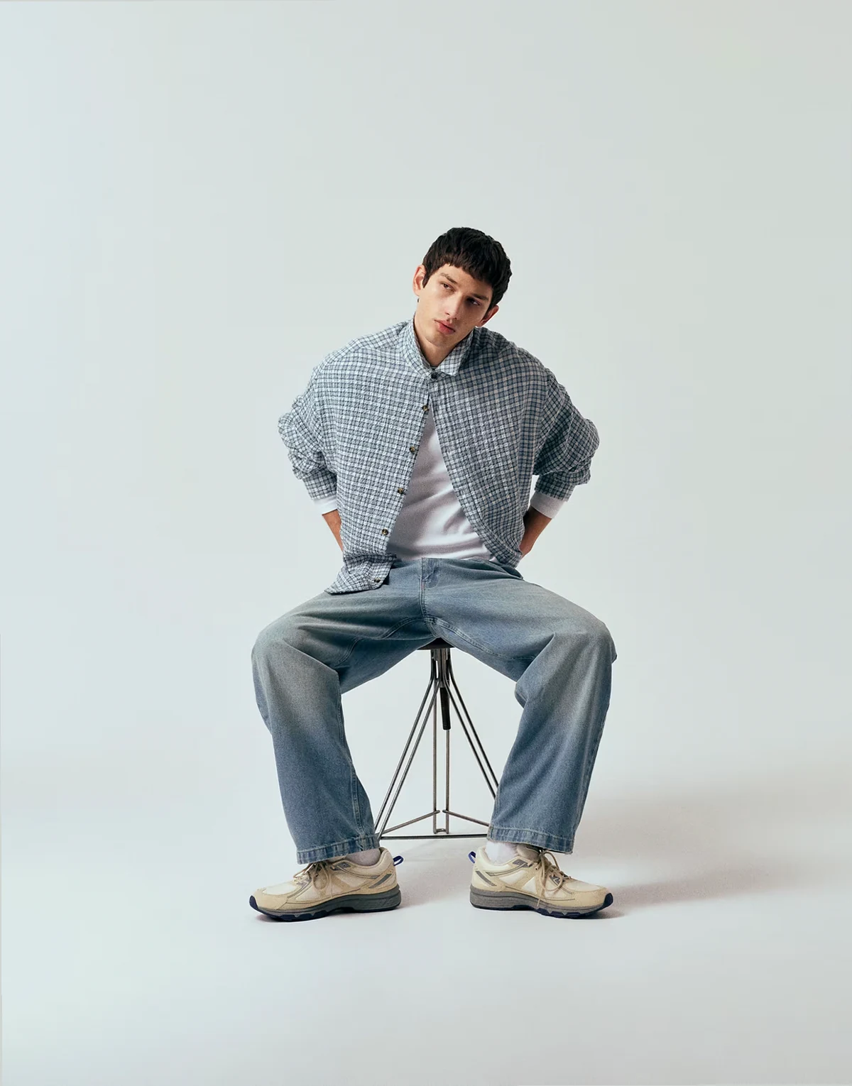 oversized textured plaid shirt in blue