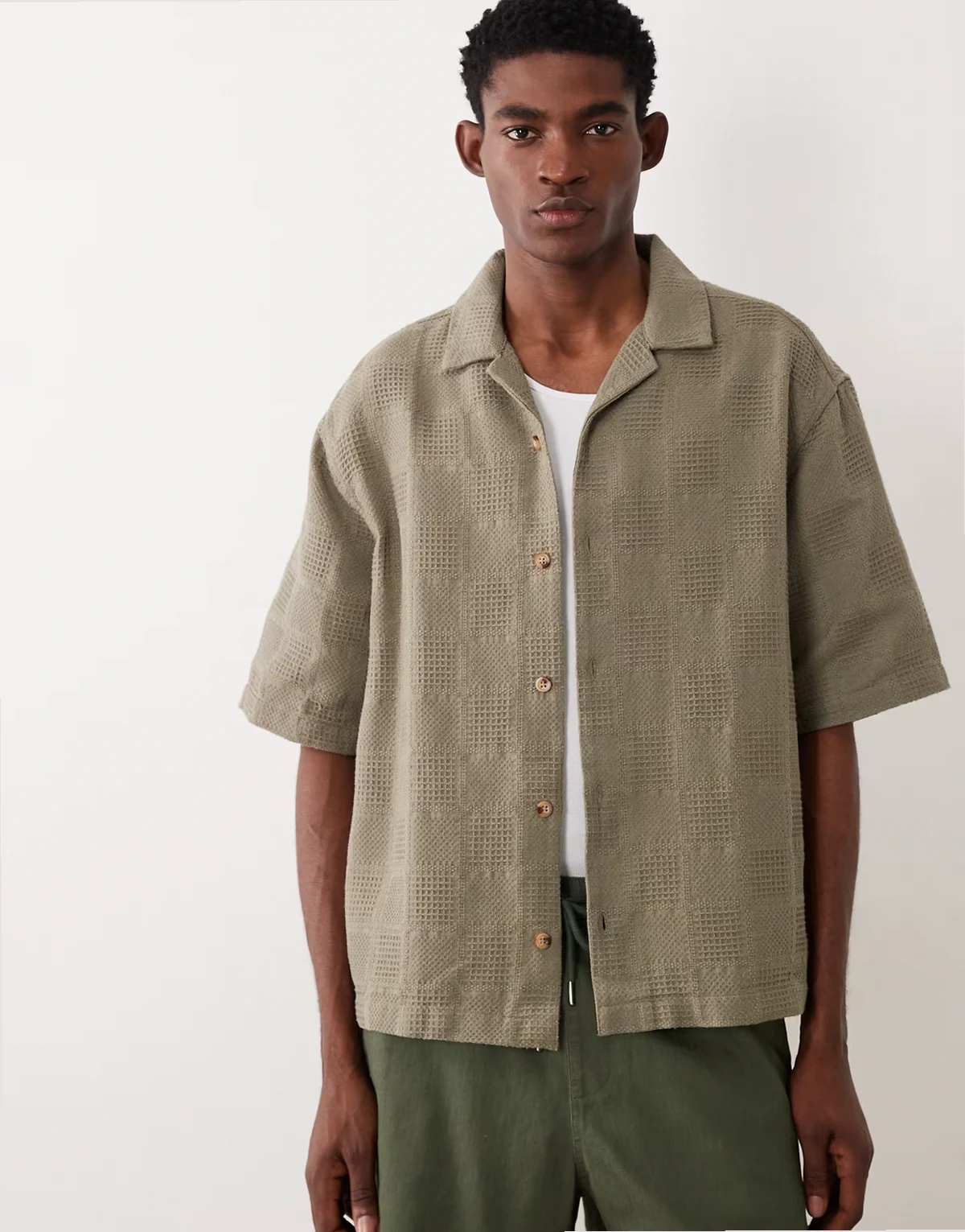 oversized half sleeve camp collar grid textured shirt in khaki