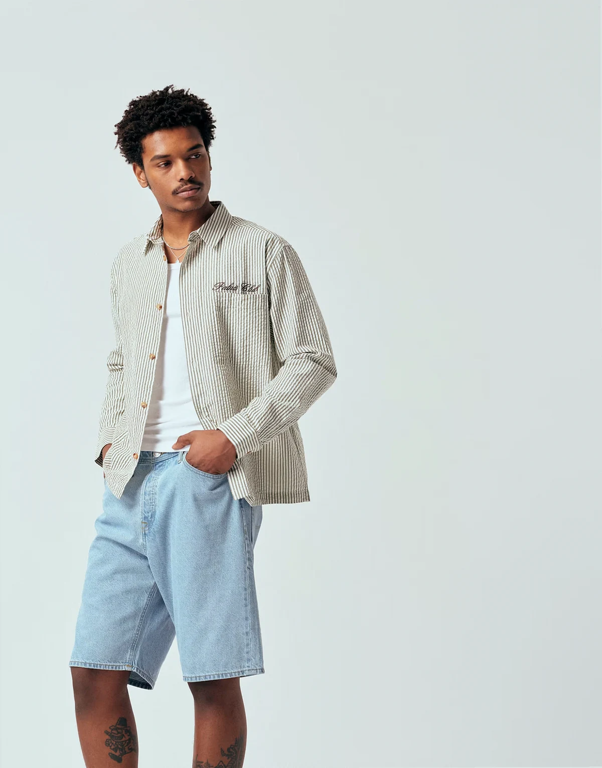 relaxed seersucker striped shirt with chest embroidery in gray