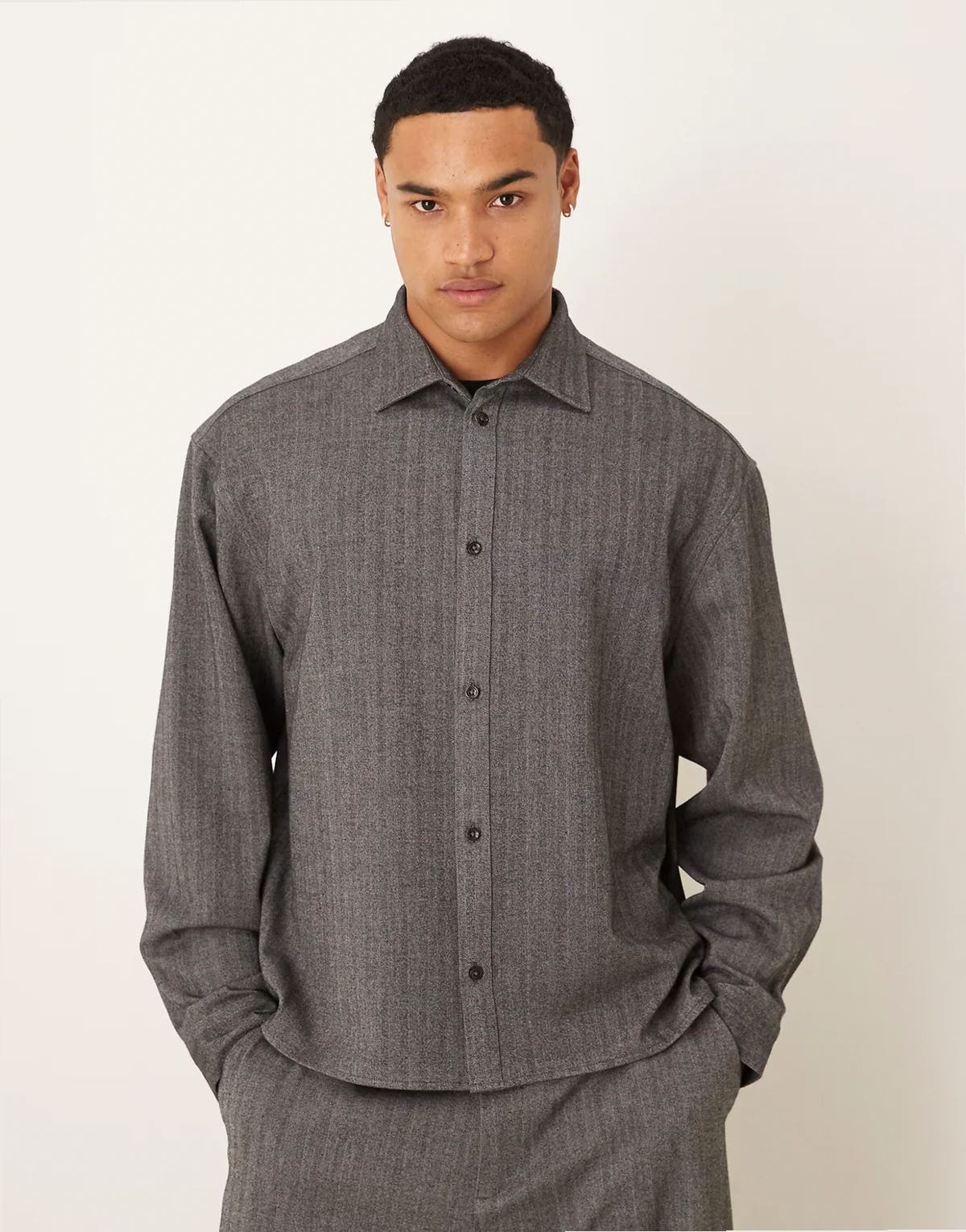 boxy smart long sleeve overshirt in charcoal herringbone - part of a set