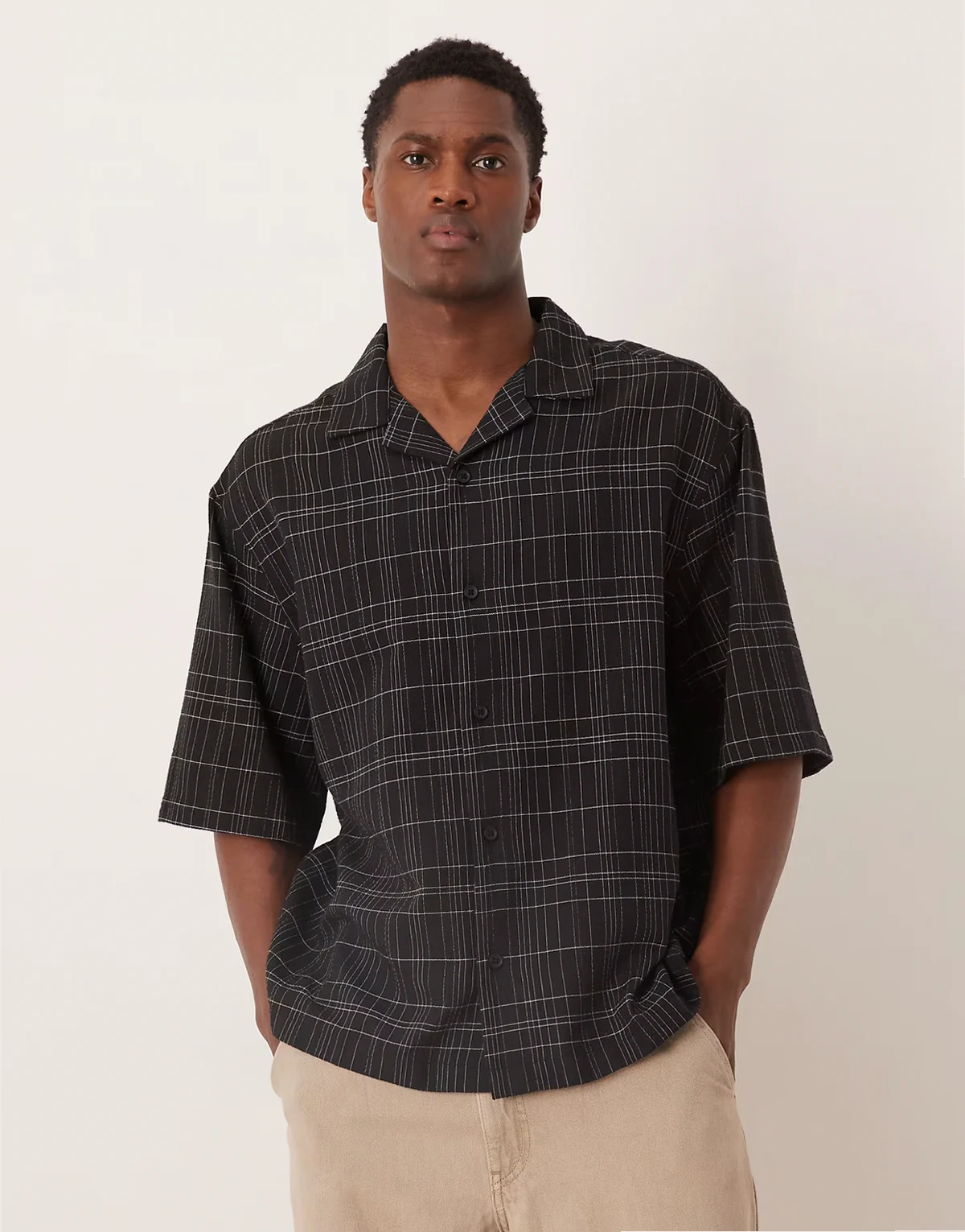 oversized seersucker plaid shirt in black