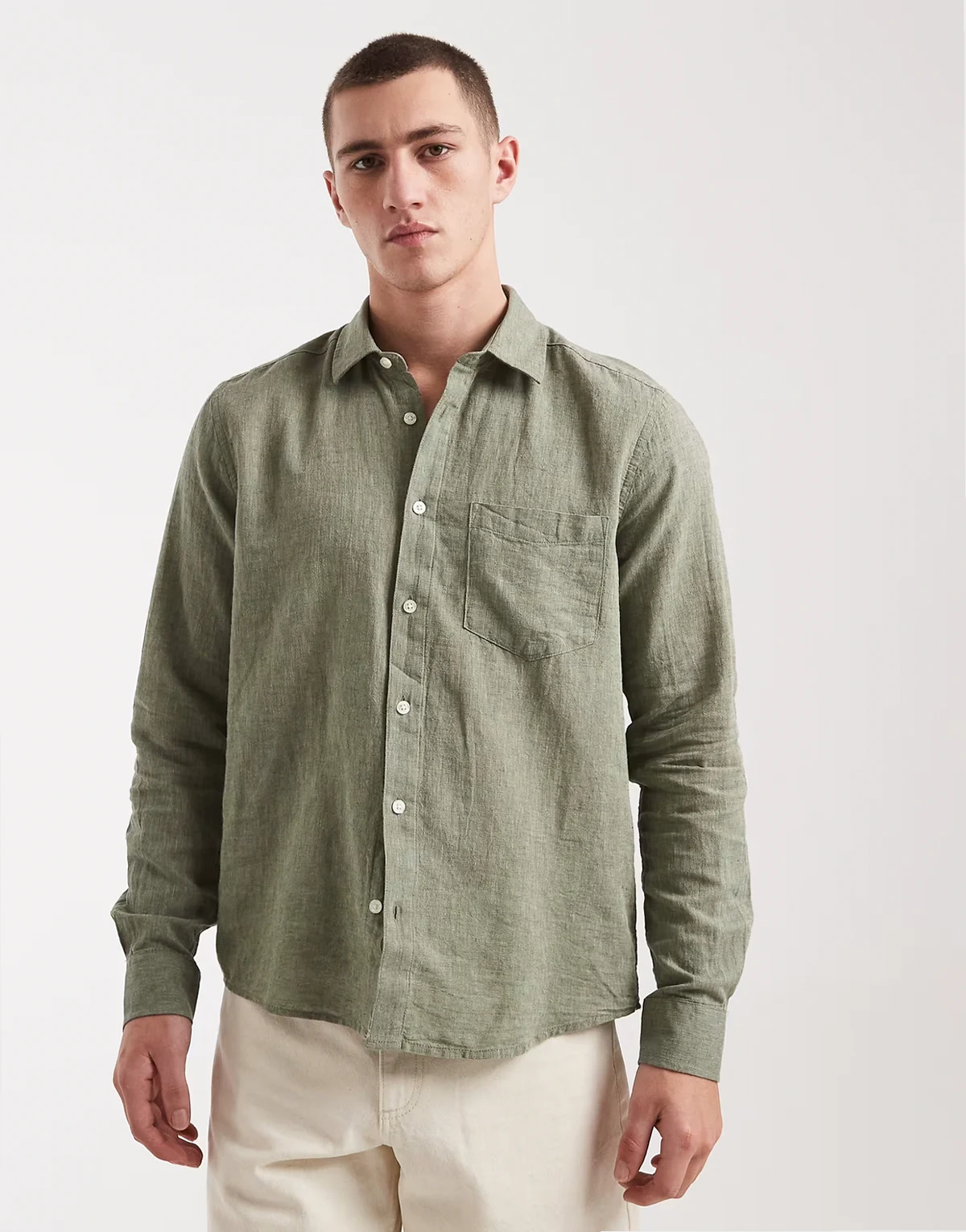 regular fit linen mix long sleeve shirt in sage