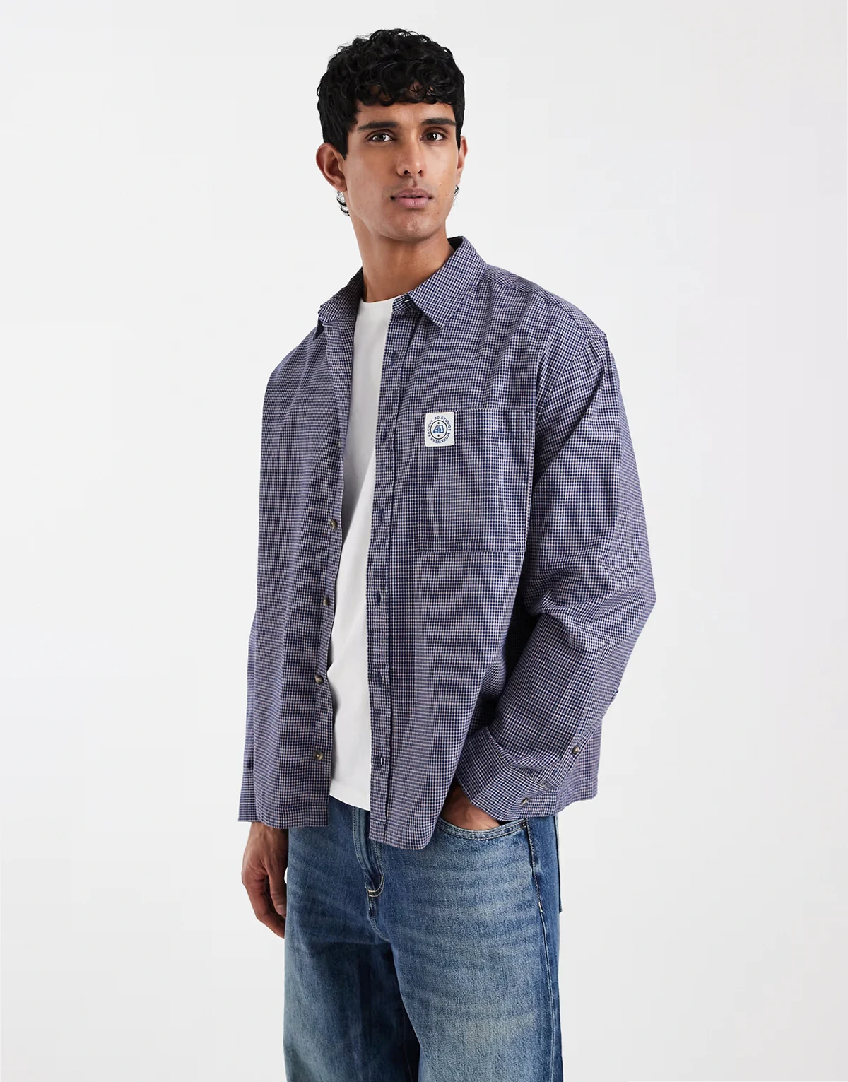 oversized plaided shirt with chest badge in navy