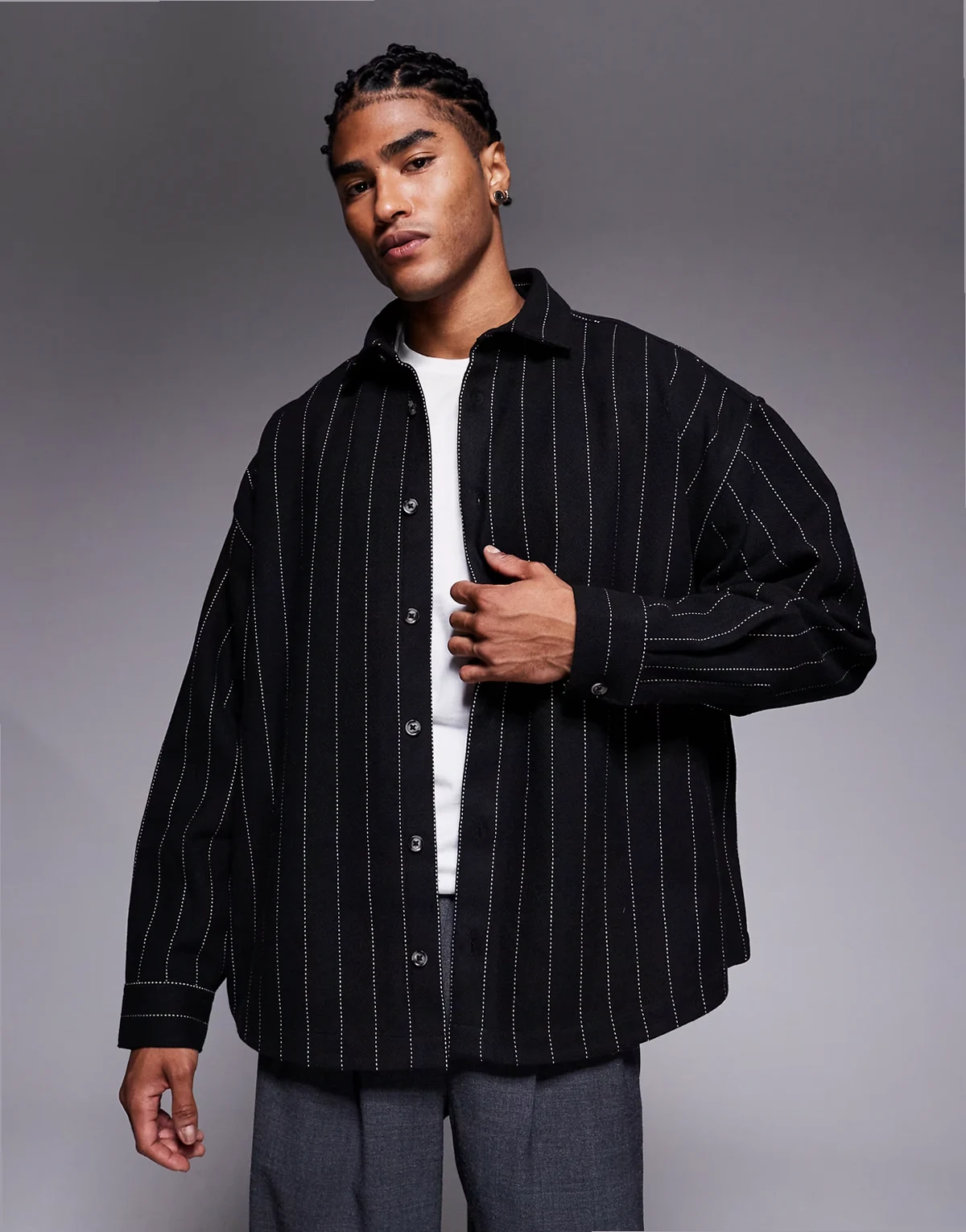 oversized wool blend pinstriped shirt in charcoal