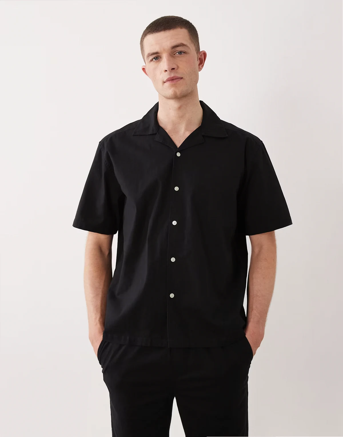 cotton rich camp collar shirt in black - part of a set