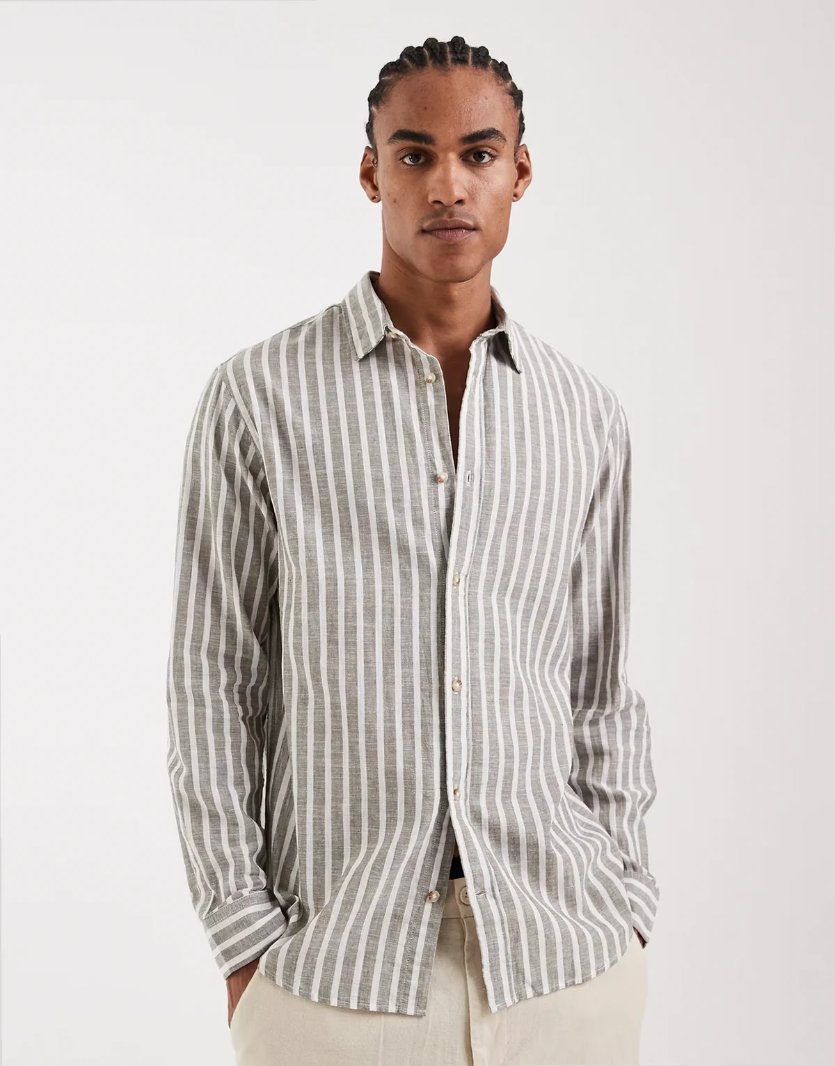 linen blend stripe shirt in light brown