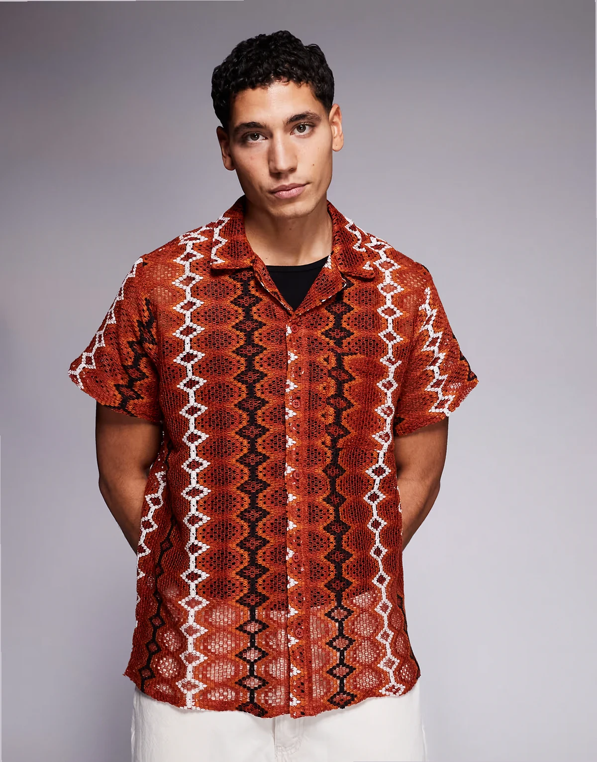 crochet shirt in burgundy stripes