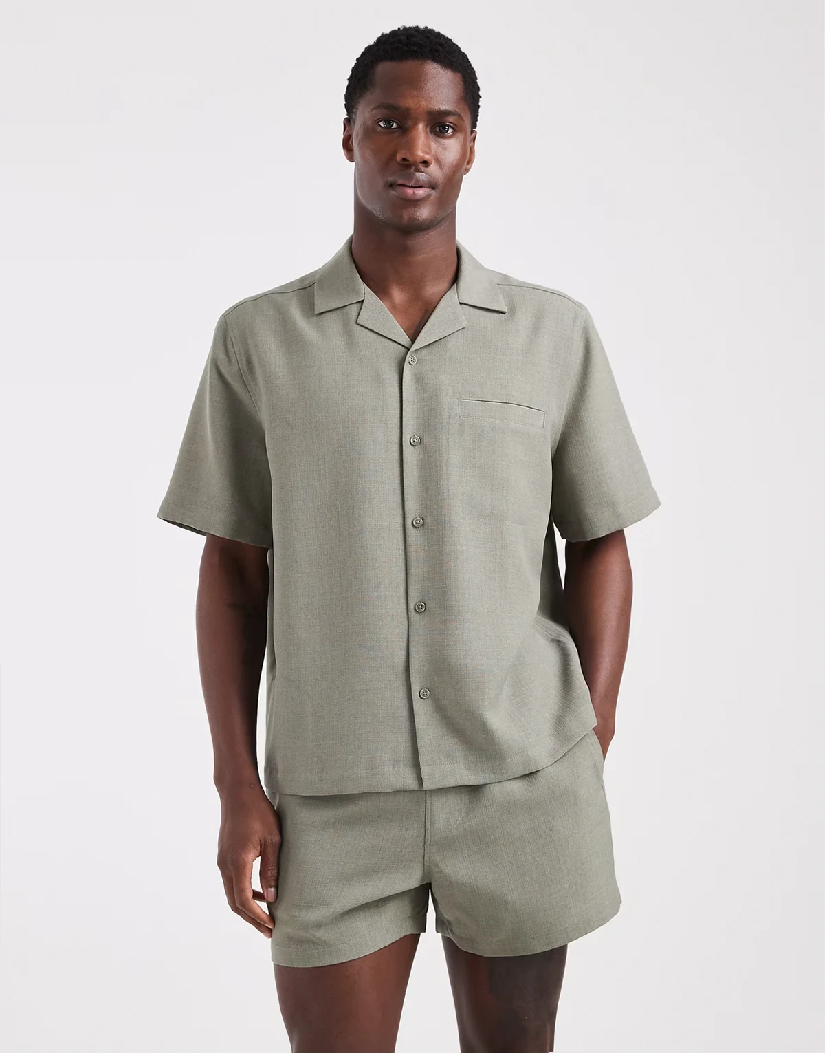 linen look relaxed camp collar shirt in khaki - part of a set