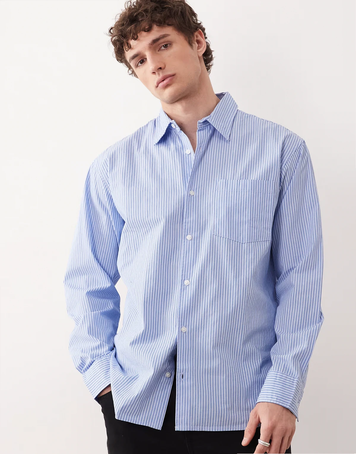 oversized poplin long sleeve shirt in blue stripe