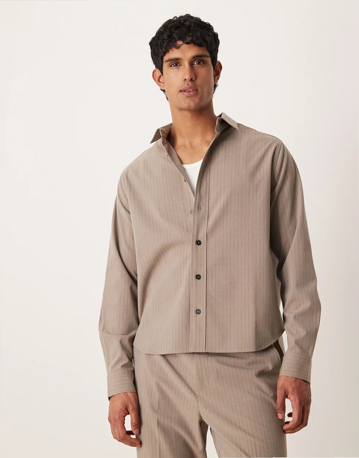 relaxed shirt in beige pinstripes - part of a set