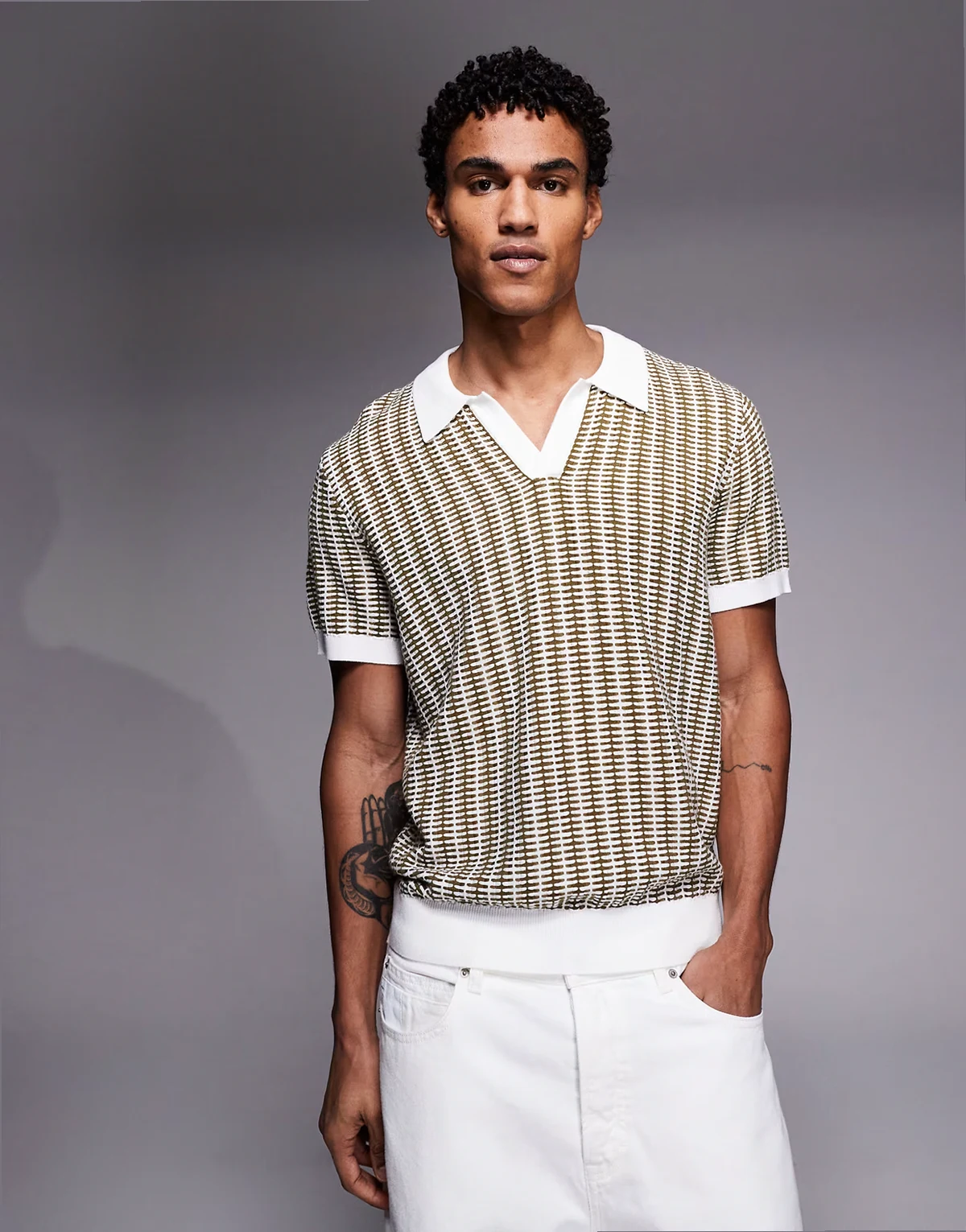 camp collar knit polo shirt in khaki stripes
