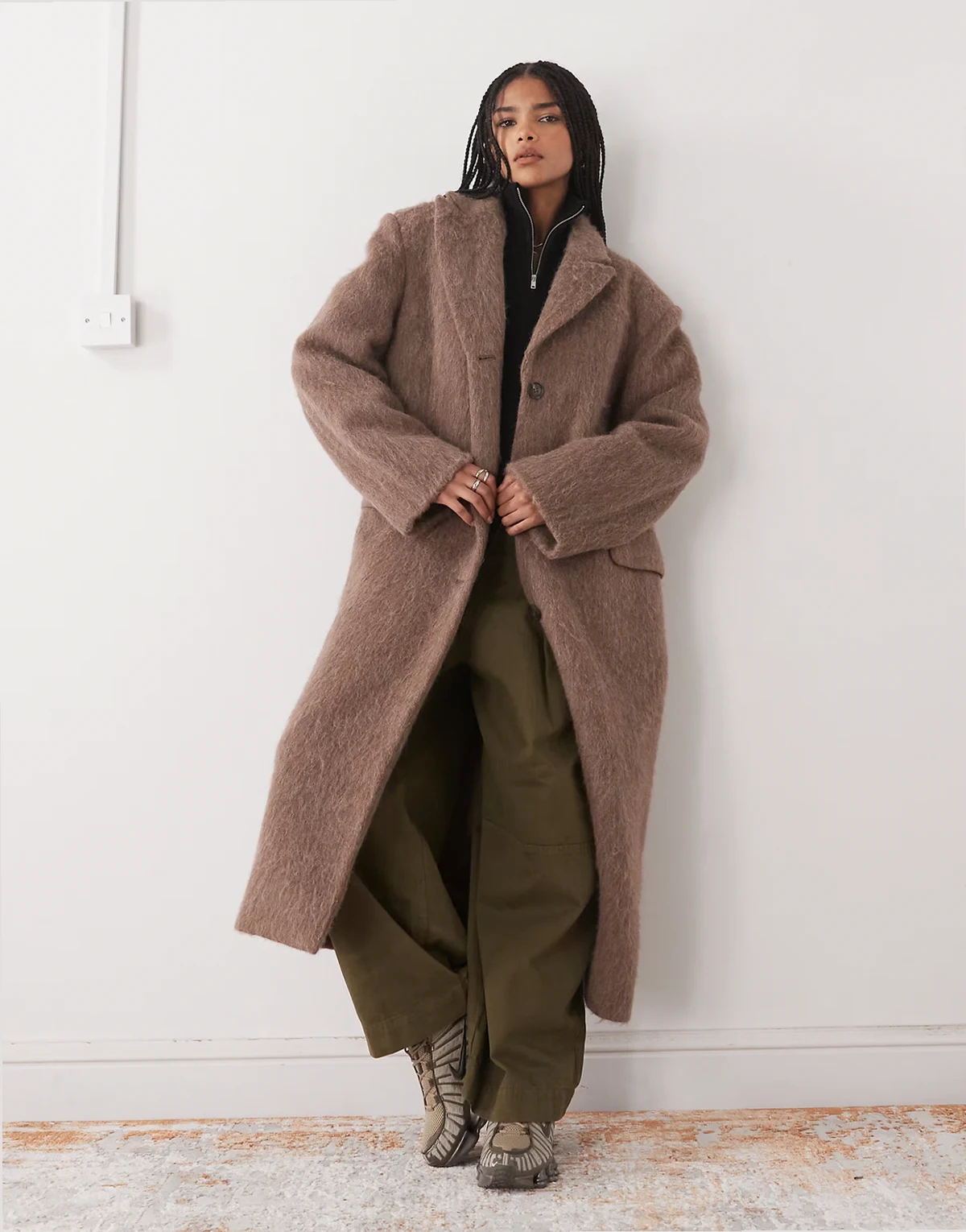 hairy alpaca & wool look oversized coat with exaggerated shoulders in brown