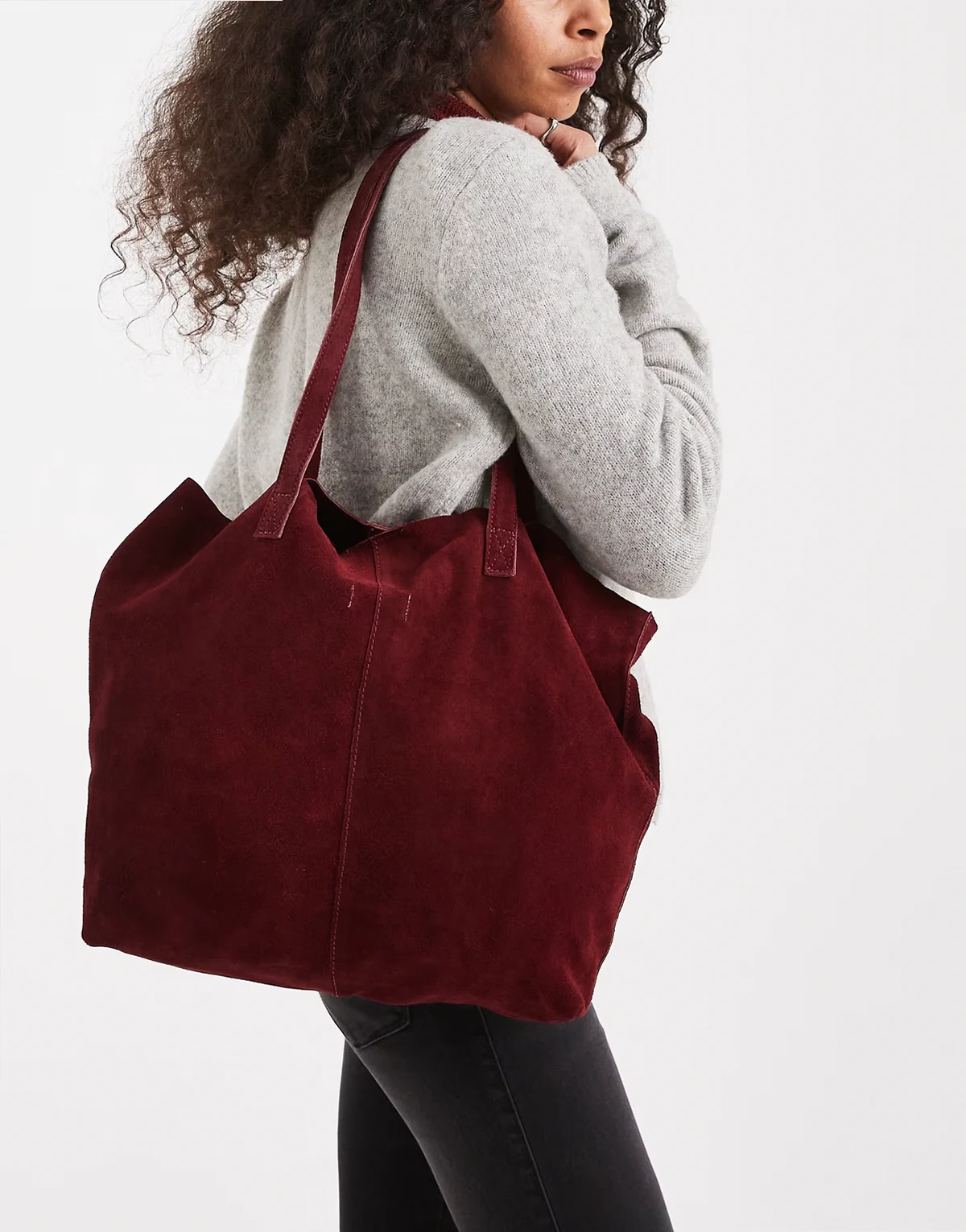 Teen faux suede tote bag in burgundy