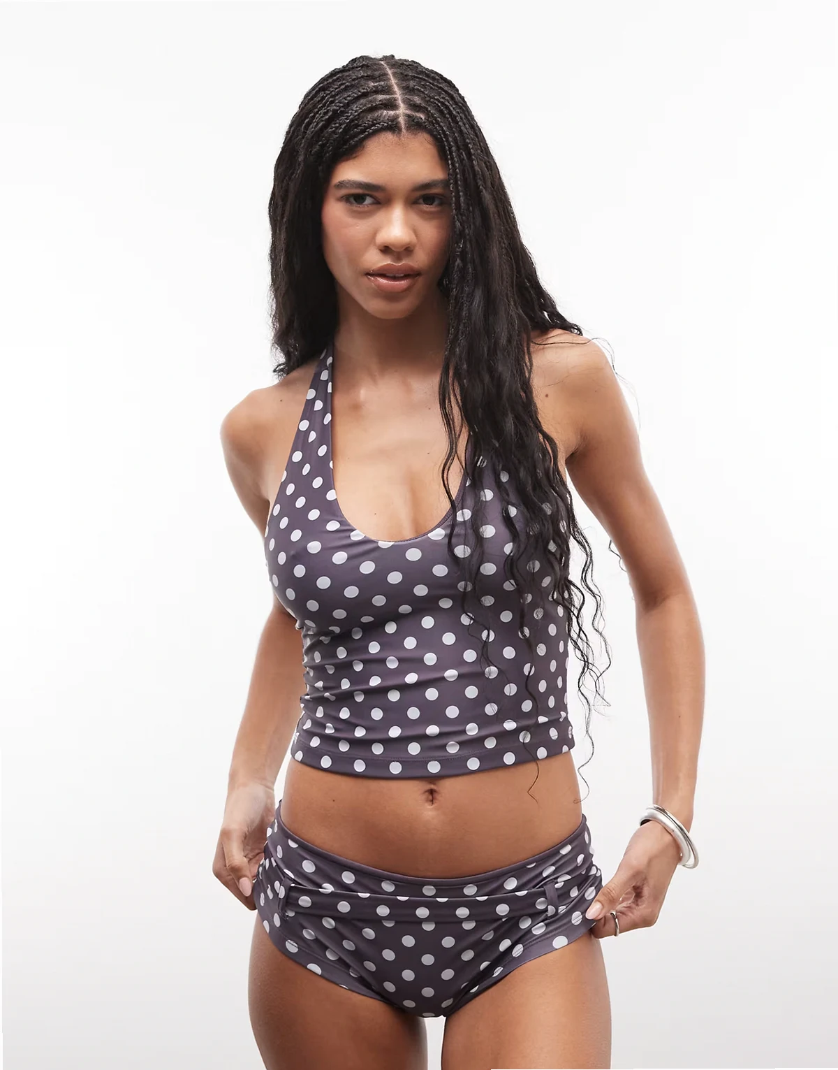 belted tankini top and belted shorts in polka dot set