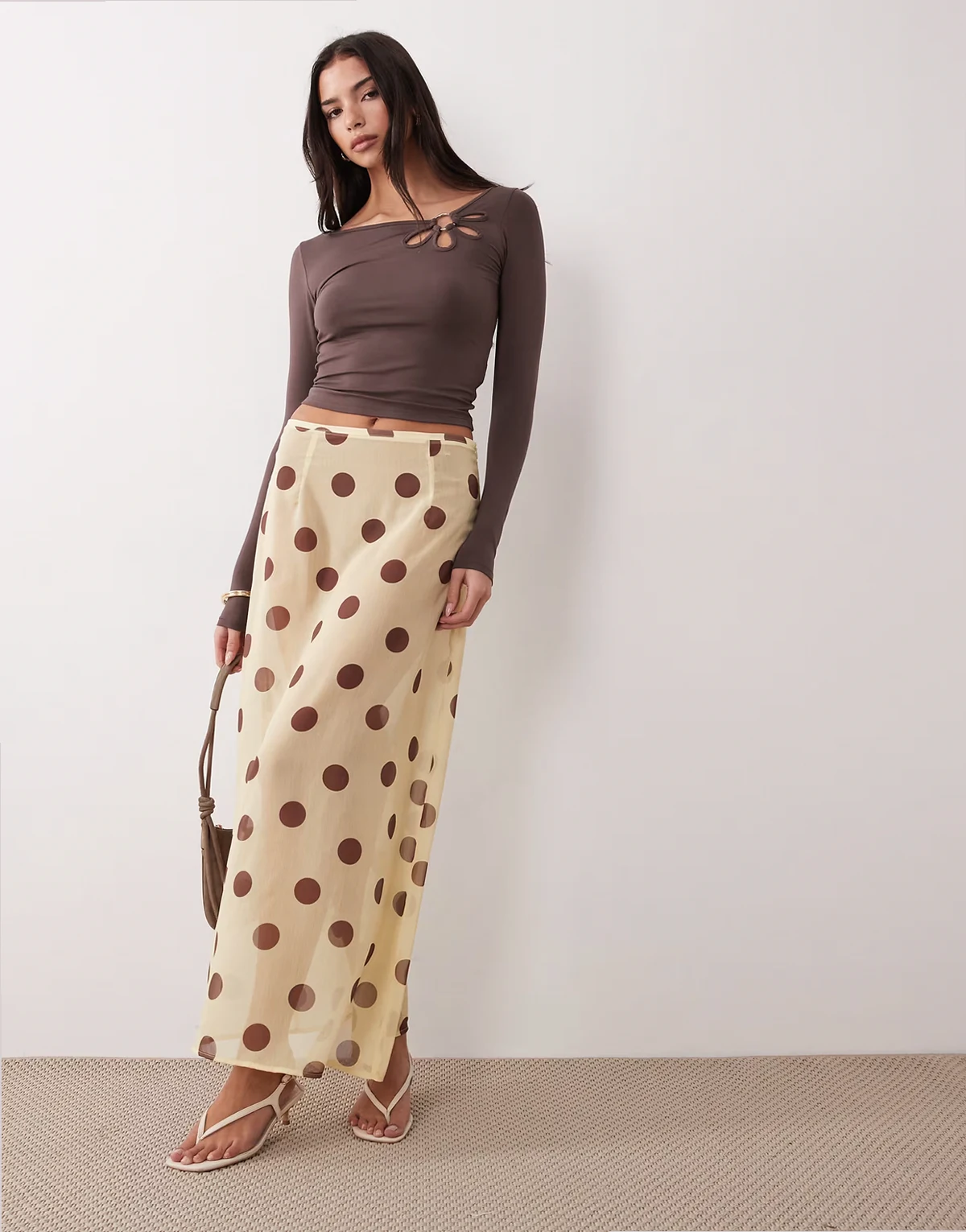 Surina sheer midaxi skirt in yellow and brown polka dots