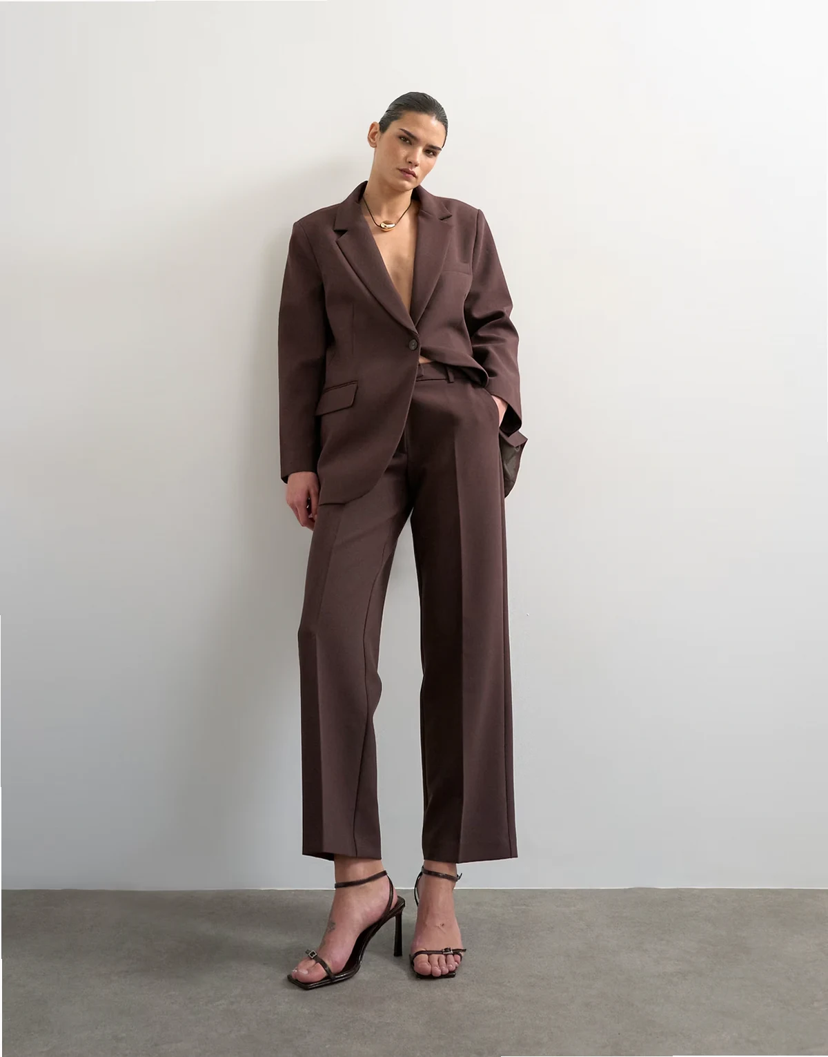 mid rise clean straight leg pants in chocolate - part of a set
