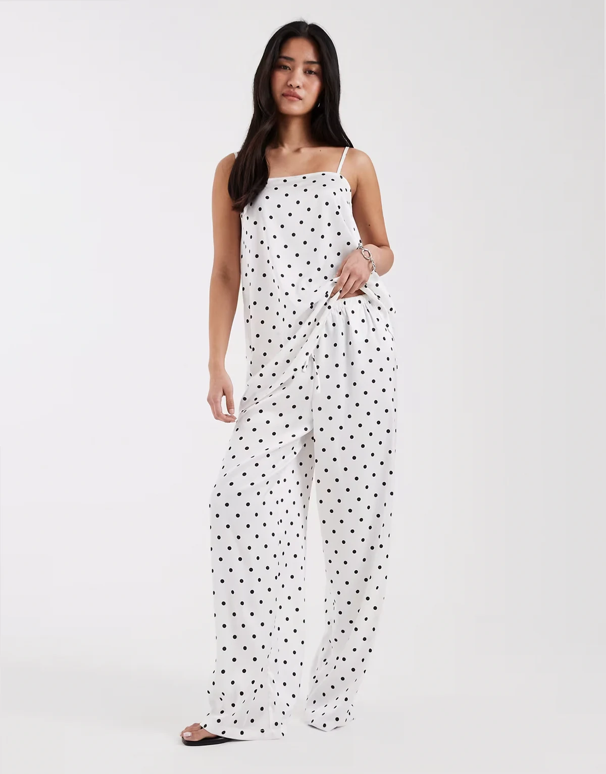 tie waist satin pants in cream and black polka dots - part of a set
