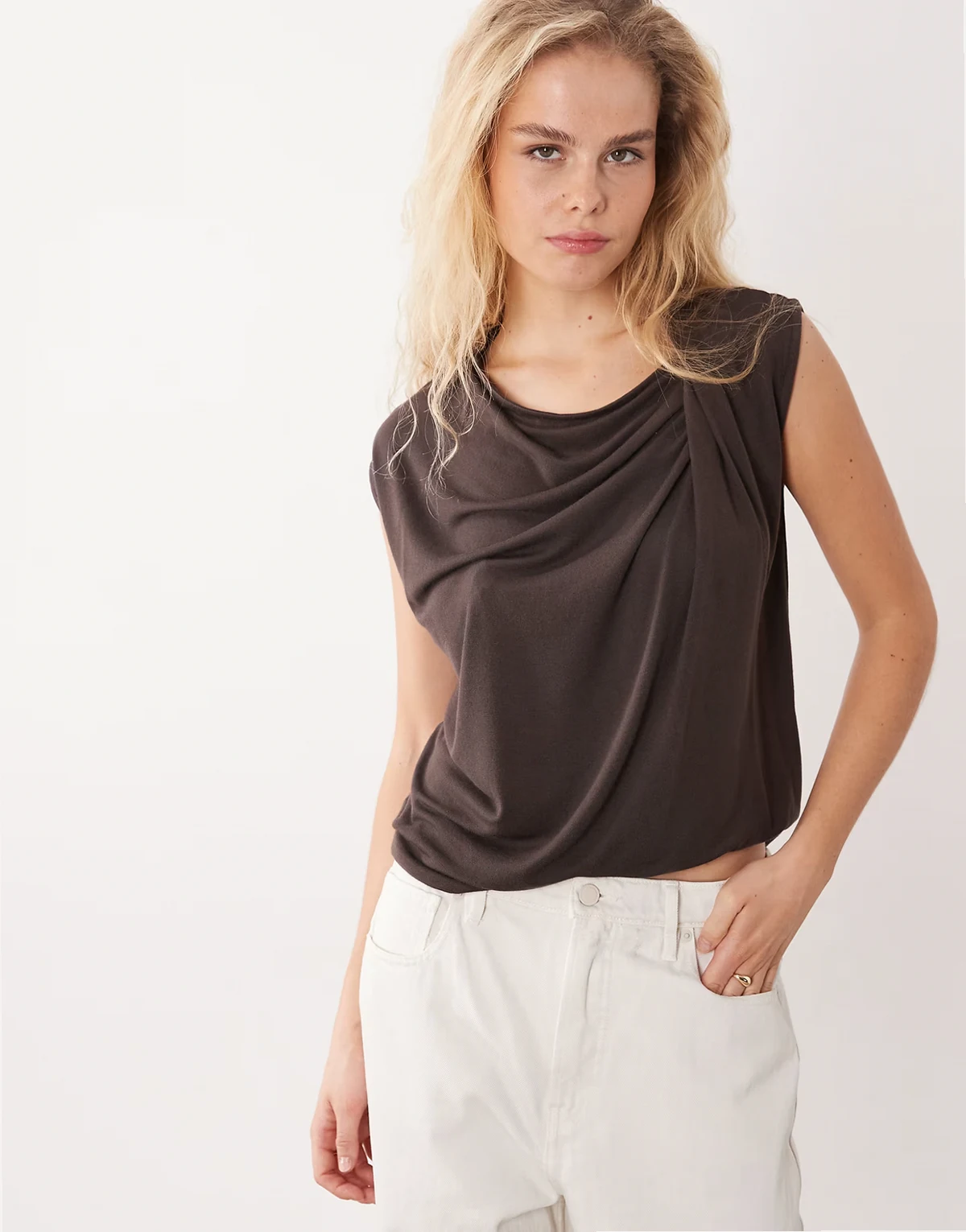sleeveless top with wrap neck detail in chocolate