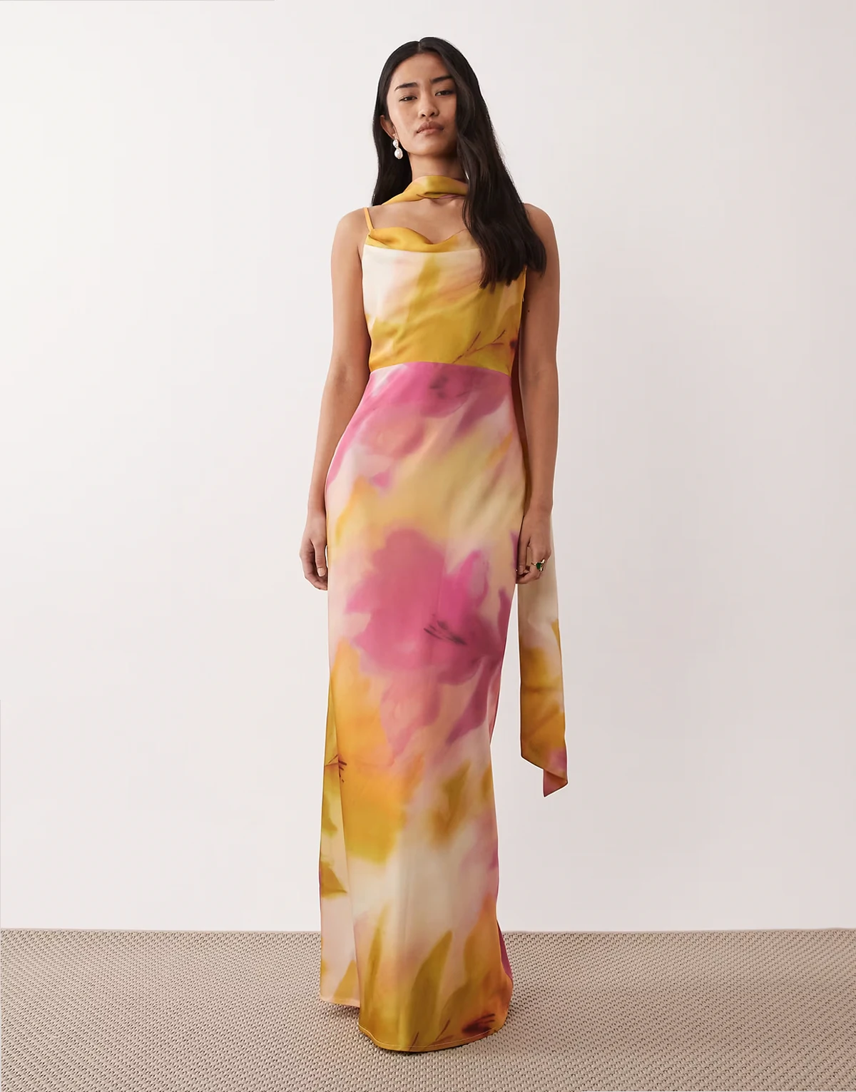 Keisha scarf cowl neck satin cami maxi dress in pink watercolour floral