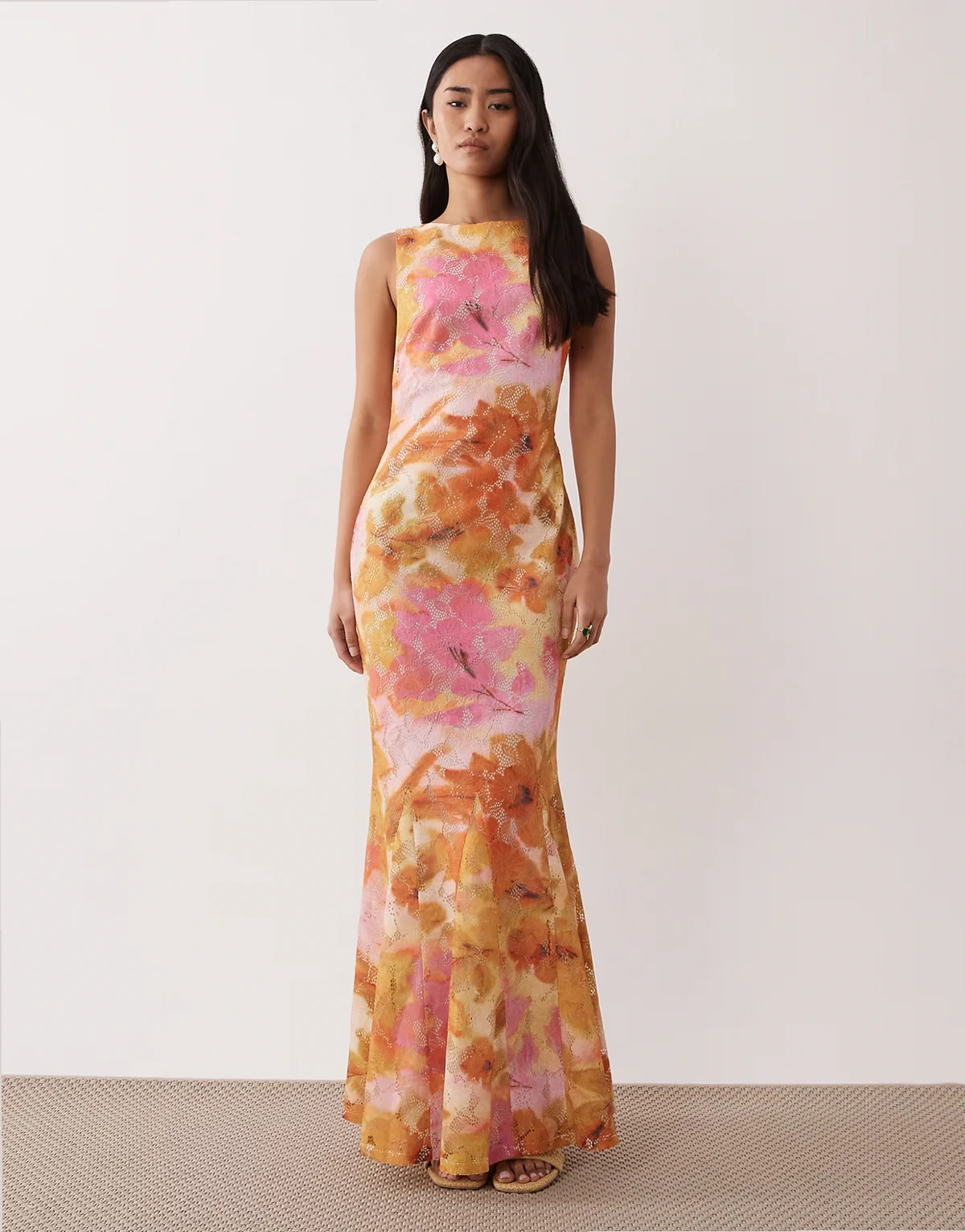 cut out back maxi dress in pink and yellow floral