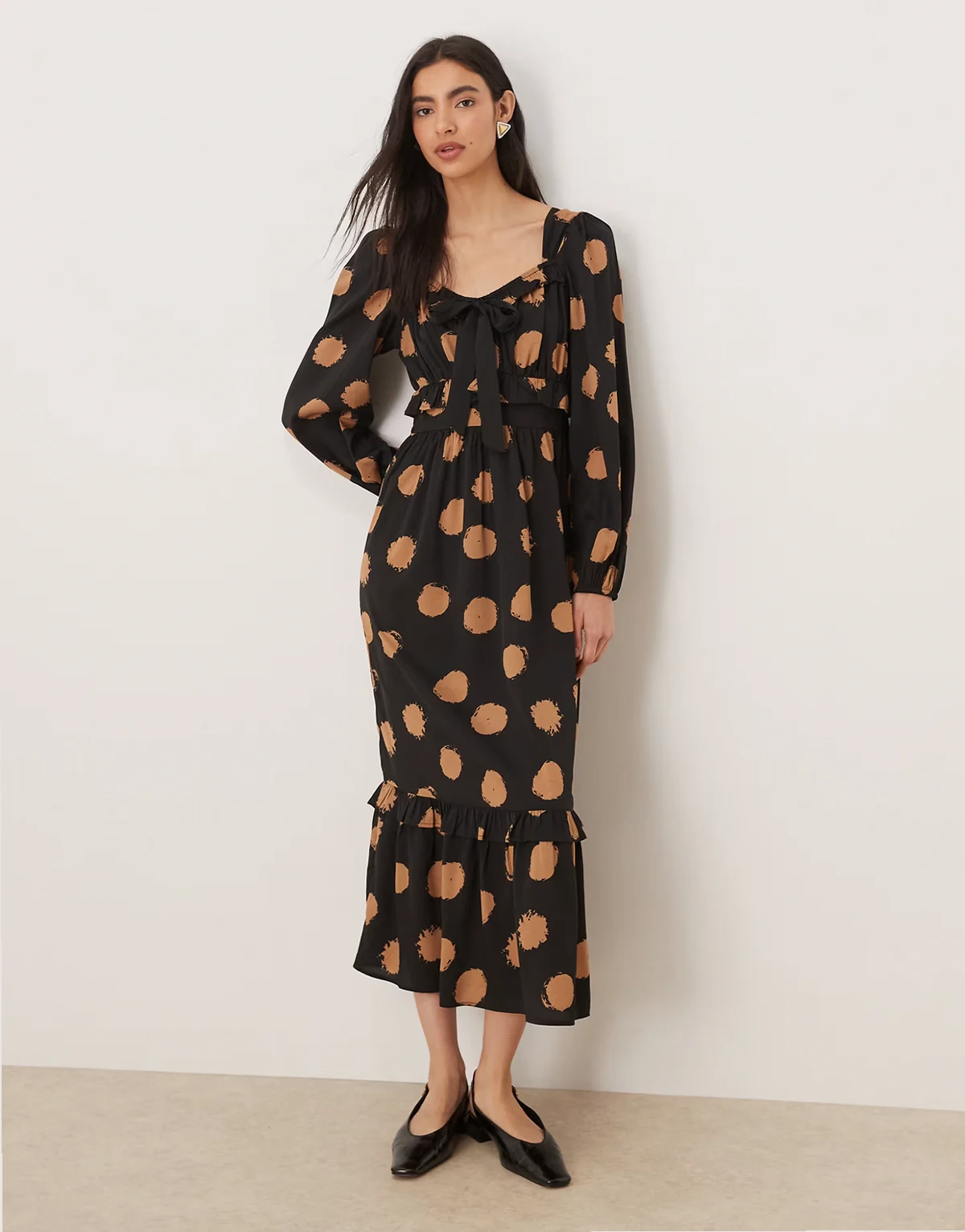 bow detail long sleeve midaxi dress in brown polka dots