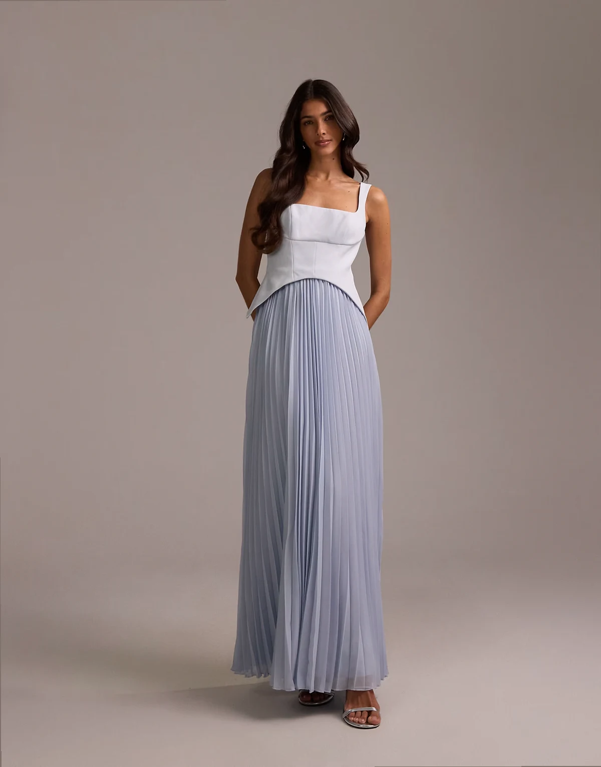 bridesmaids hybrid maxi dress with pleated full skirt in blue